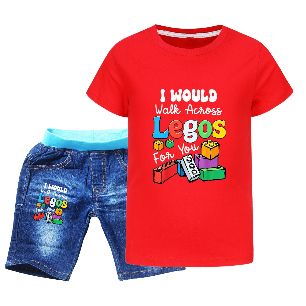 Graphic Tee & Denim Shorts Set — 5817 Edition, Style 10 · Denim · Red