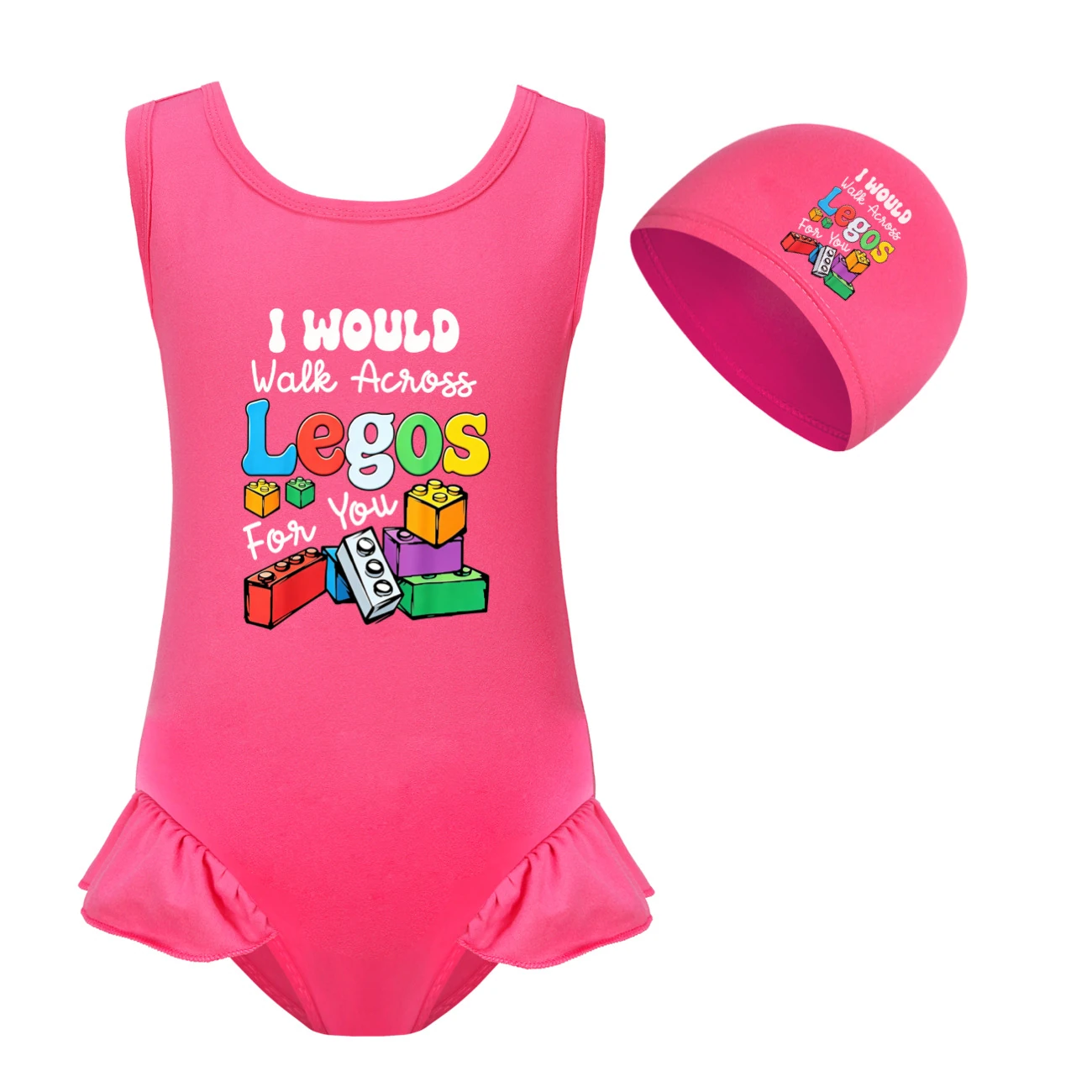 Girls’ One-Piece Swimsuit & Cap Set — 5817 Edition, Style 02 · Set · Rose