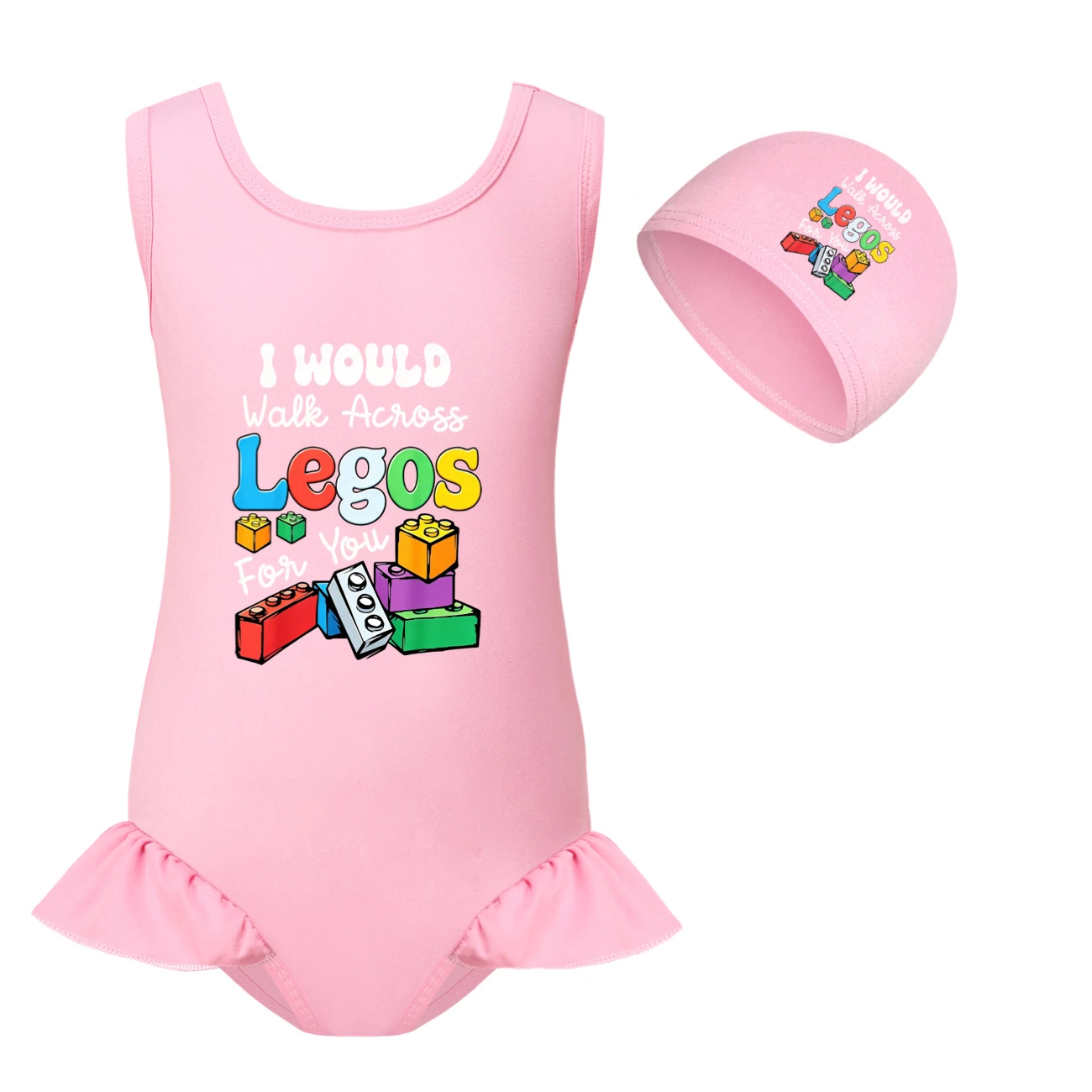 Girls’ One-Piece Swimsuit & Cap Set — 5817 Edition, Style 04 · Set · Pink
