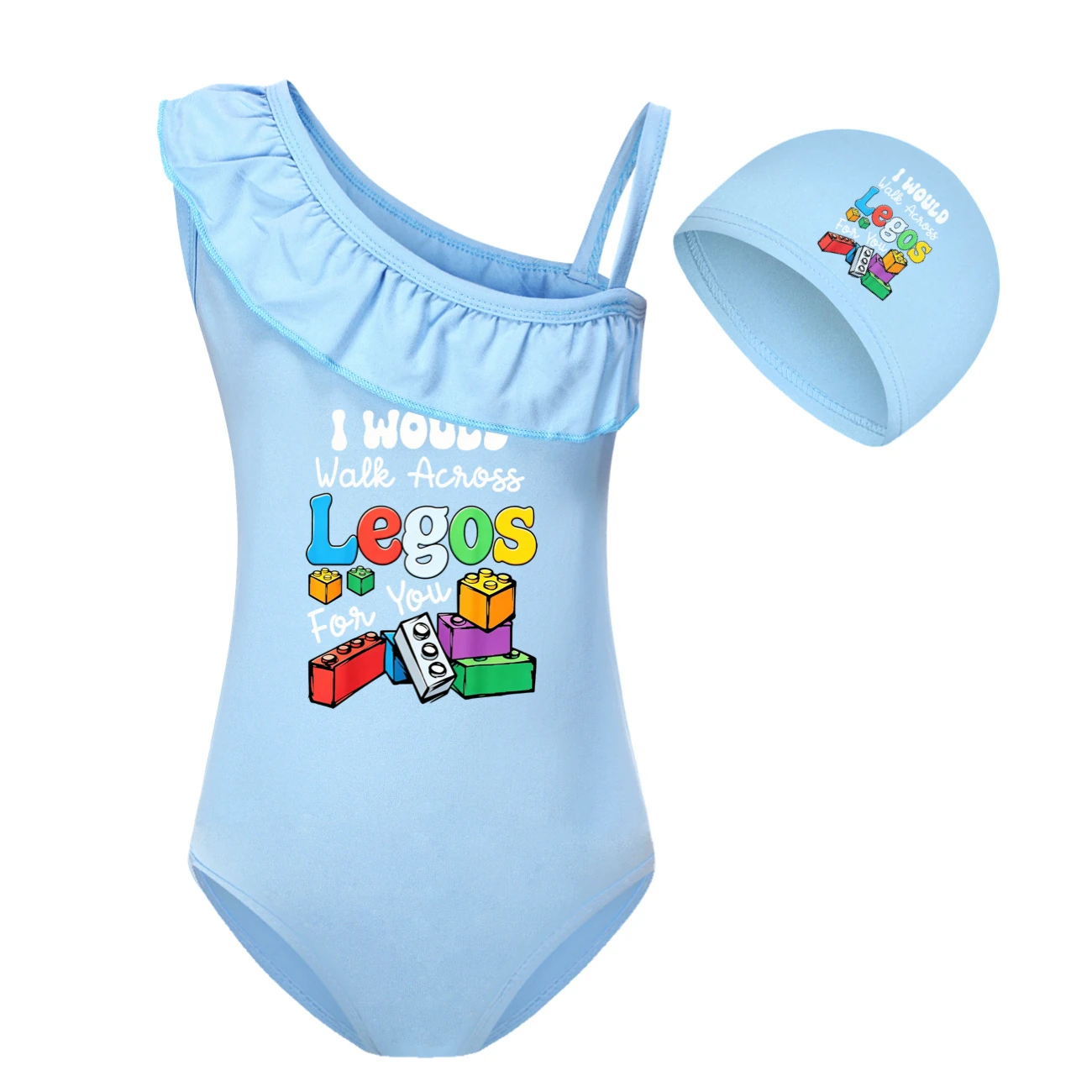 Girls’ One-Piece Swimsuit & Cap Set — 5817 Edition, Style 05 · Set · Light Blue