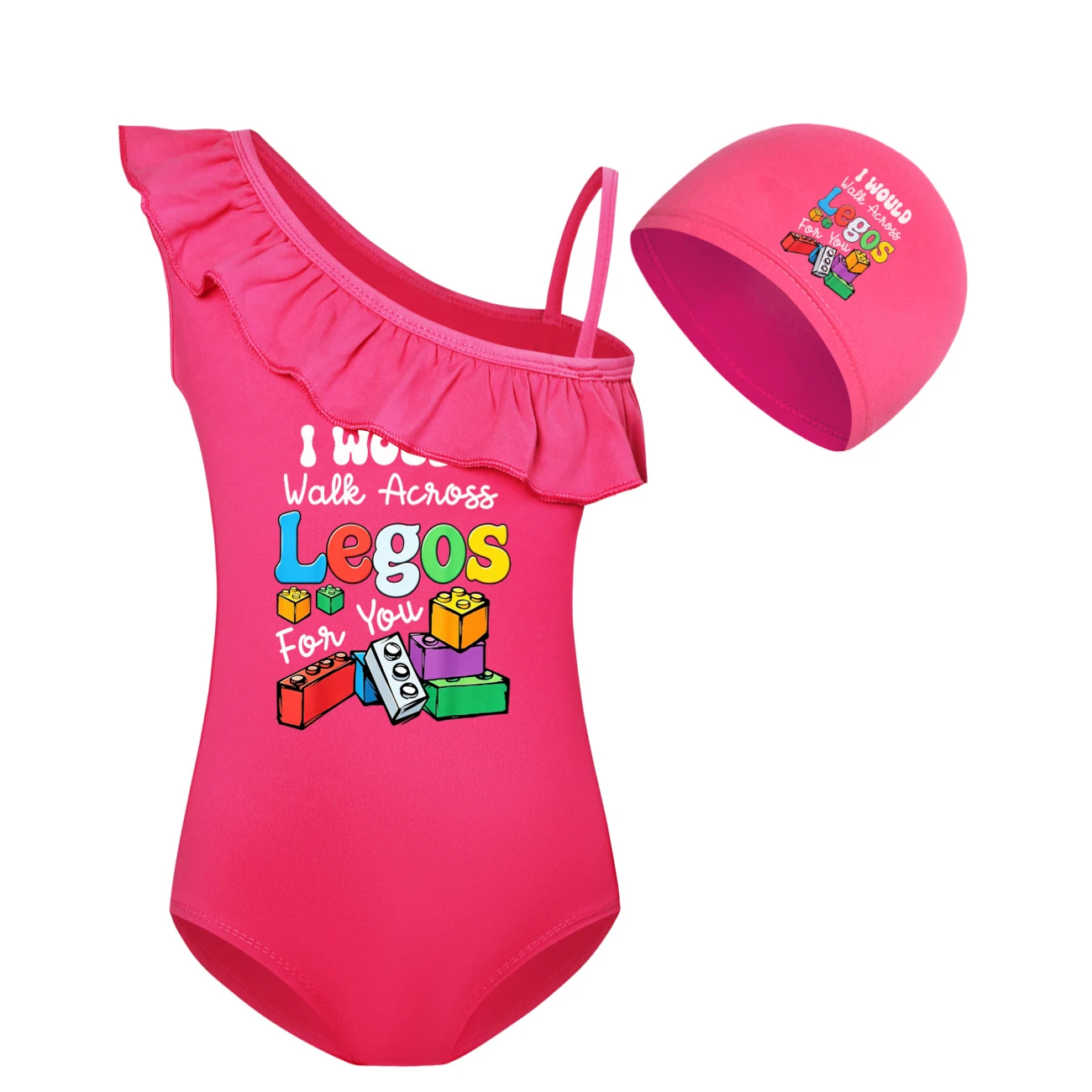 Girls’ One-Piece Swimsuit & Cap Set — 5817 Edition, Style 06 · Set · Rose
