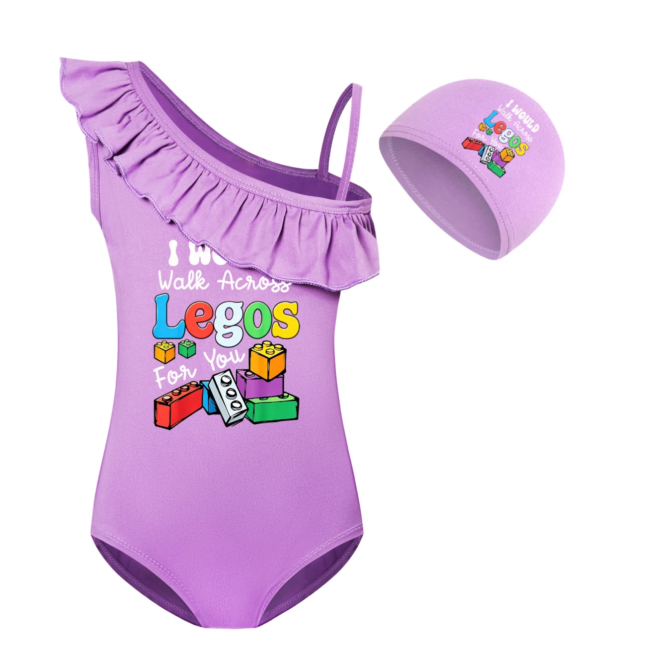 Girls’ One-Piece Swimsuit & Cap Set — 5817 Edition, Style 07 · Set · Purple