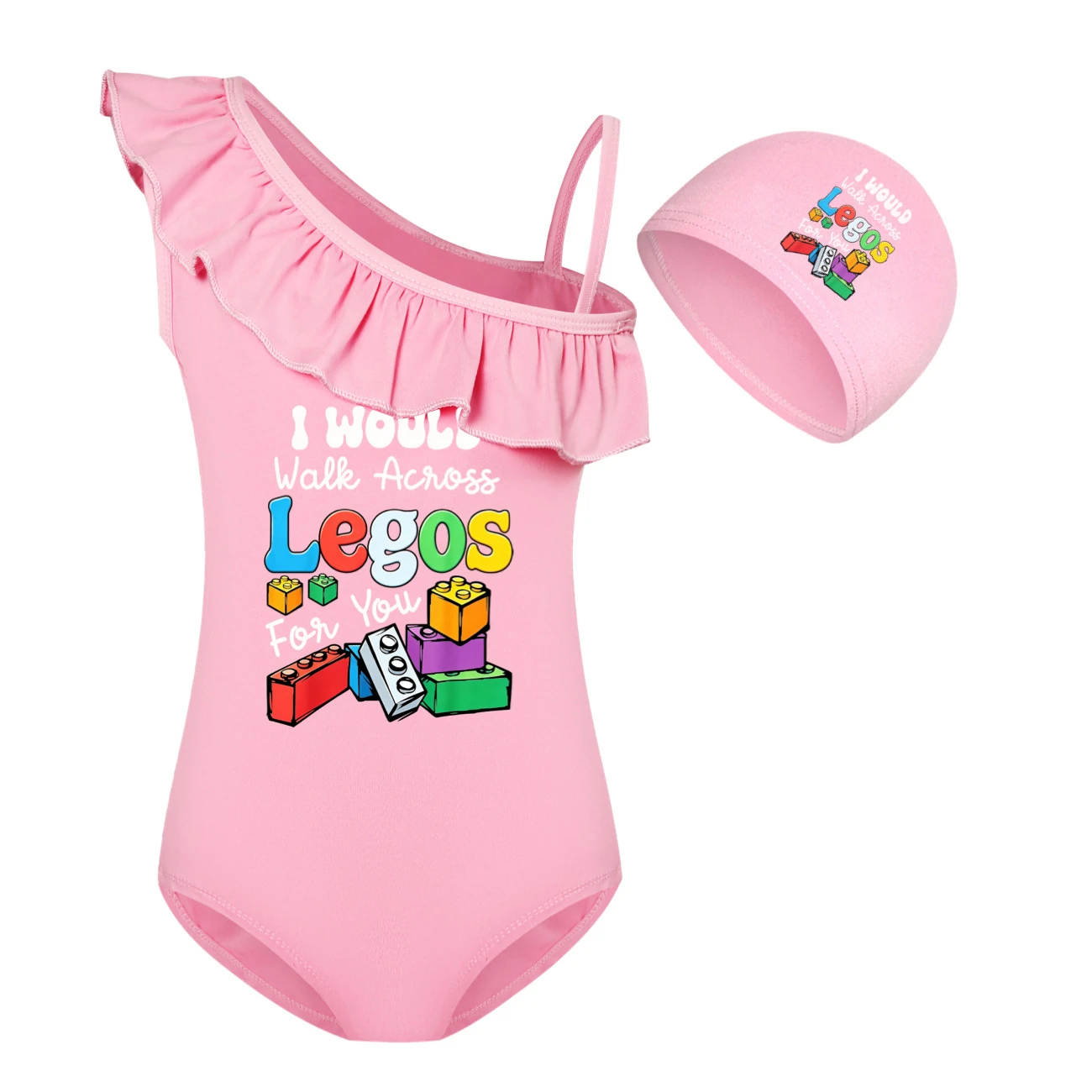 Girls’ One-Piece Swimsuit & Cap Set — 5817 Edition, Style 08 · Set · Pink