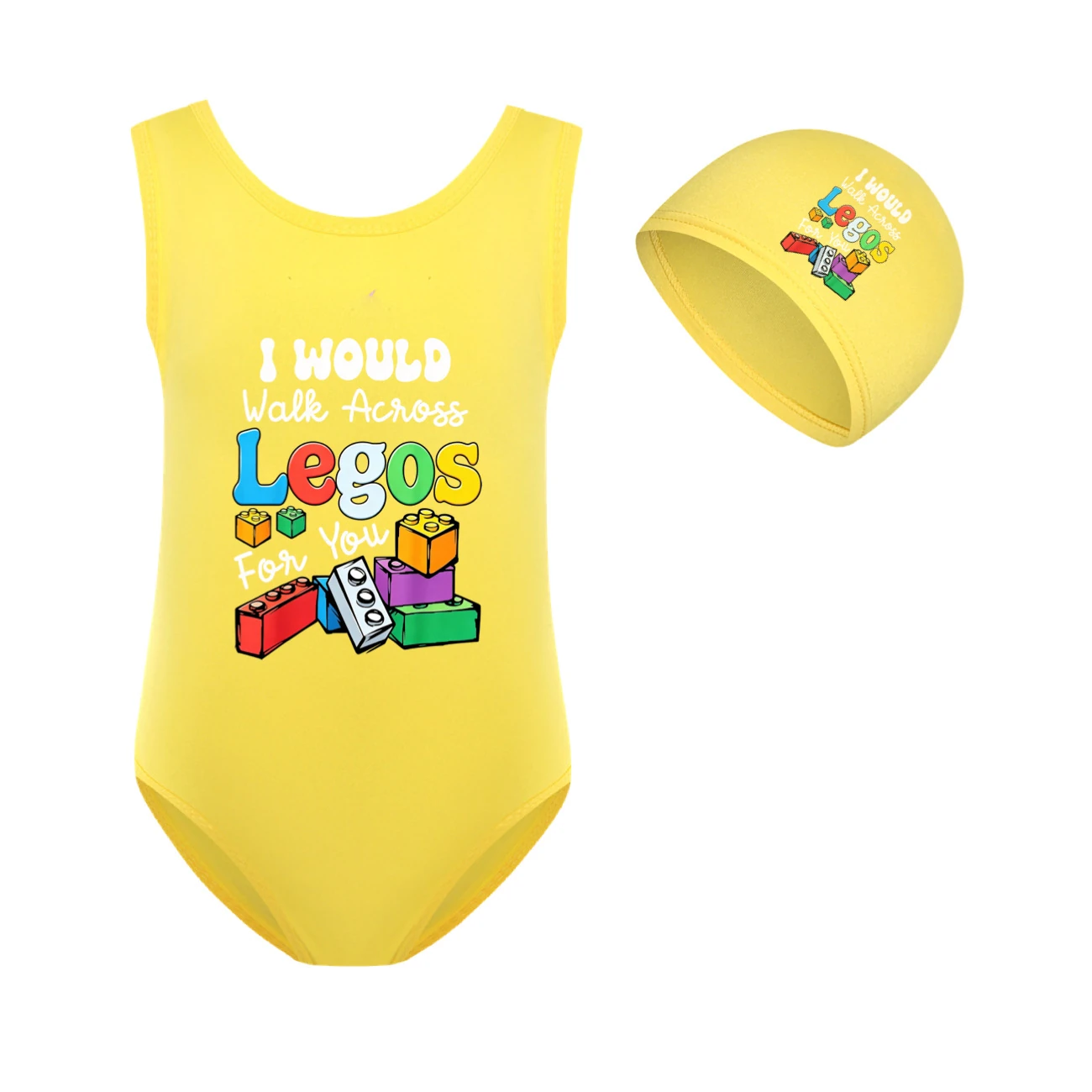 Girls’ One-Piece Swimsuit & Cap Set — 5817 Edition, Style 10 · Set · Yellow