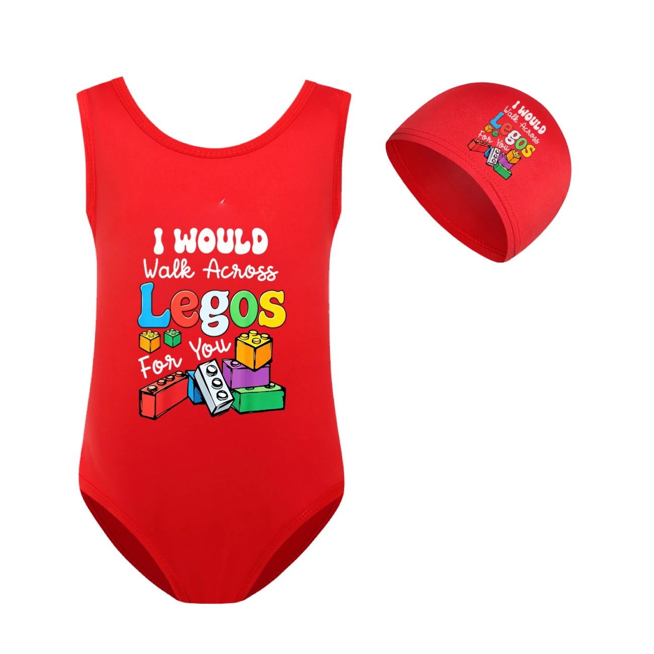 Girls’ One-Piece Swimsuit & Cap Set — 5817 Edition, Style 11 · Set · Red