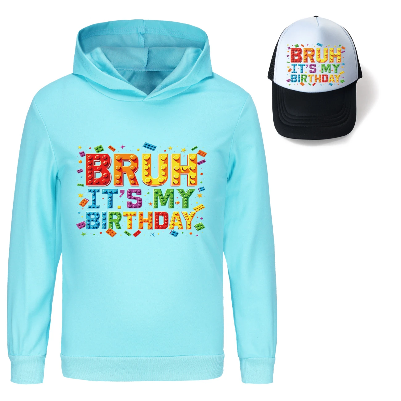 Graphic Hoodie & Sun Hat Set — 5818 Edition, Style 08 · Light Blue