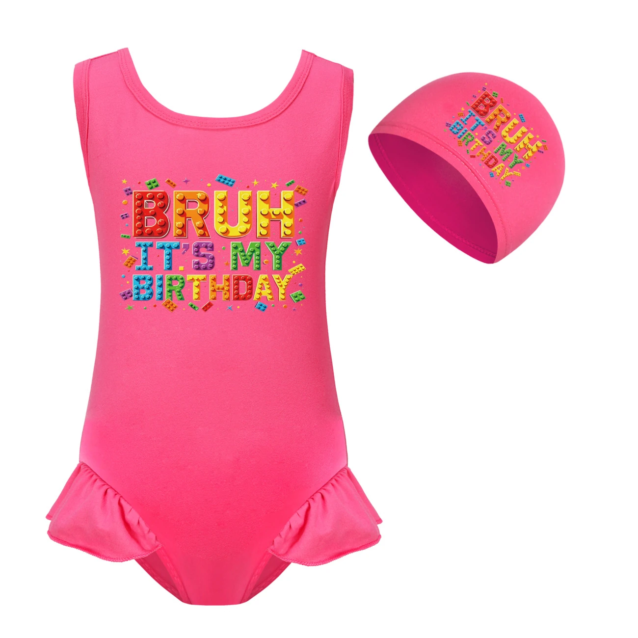 Girls’ One-Piece Swimsuit & Cap Set — 5818 Edition, Style 02 · Set · Rose