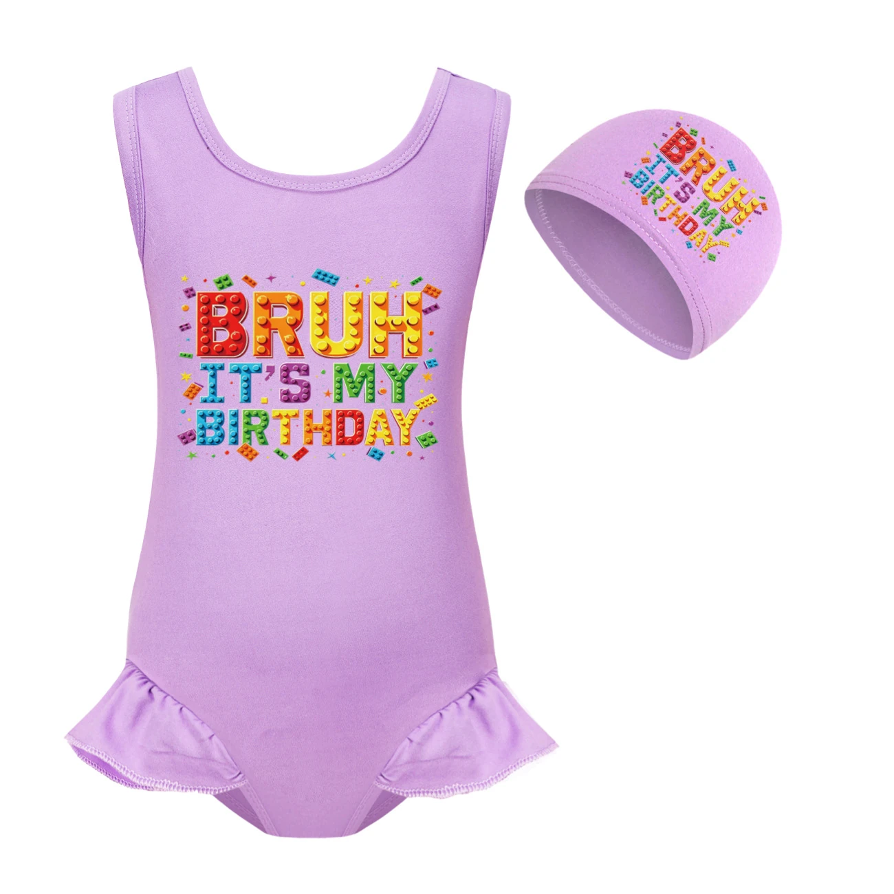 Girls’ One-Piece Swimsuit & Cap Set — 5818 Edition, Style 03 · Set · Purple
