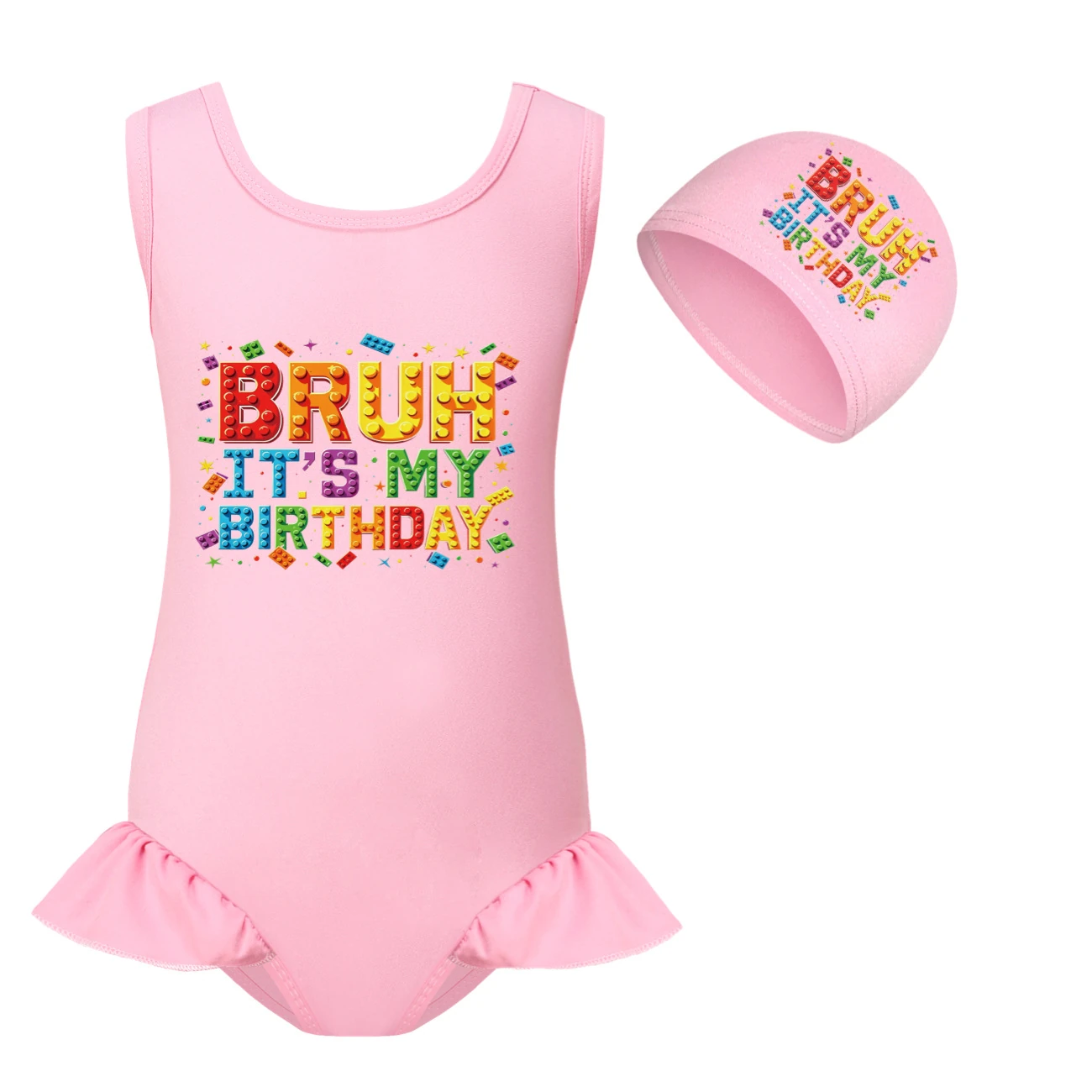 Girls’ One-Piece Swimsuit & Cap Set — 5818 Edition, Style 04 · Set · Pink