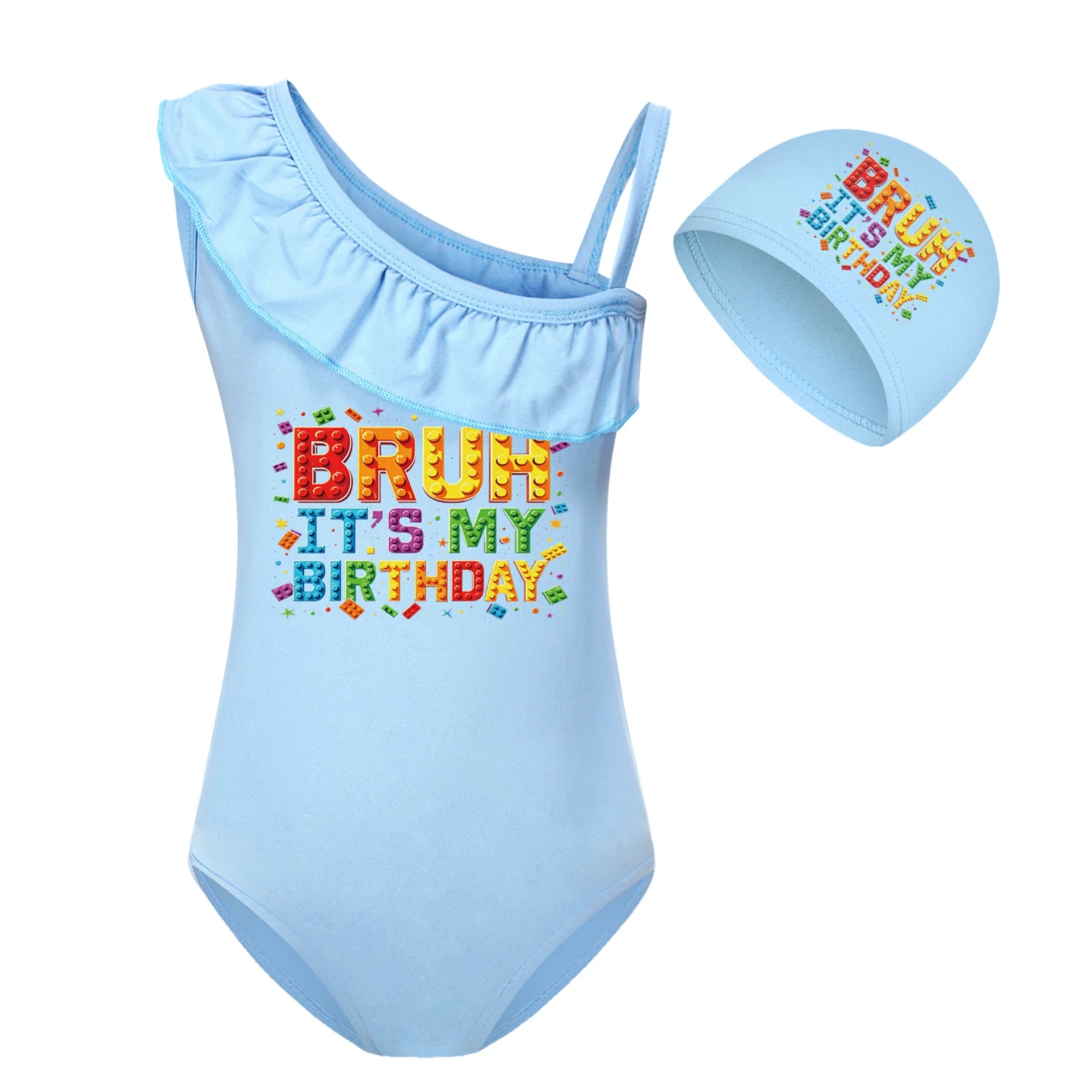 Girls’ One-Piece Swimsuit & Cap Set — 5818 Edition, Style 05 · Set · Light Blue