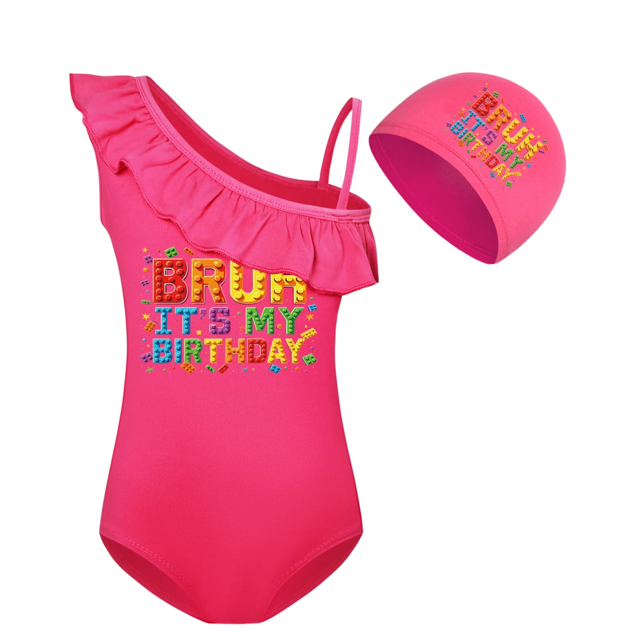 Girls’ One-Piece Swimsuit & Cap Set — 5818 Edition, Style 06 · Set · Rose