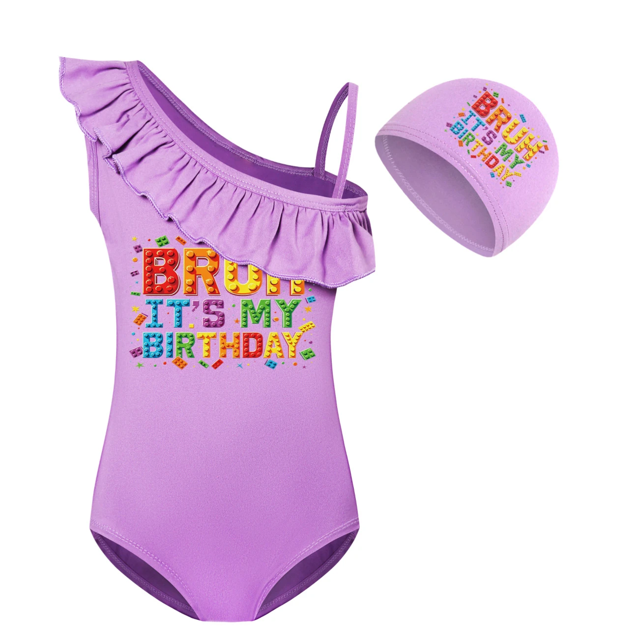 Girls’ One-Piece Swimsuit & Cap Set — 5818 Edition, Style 07 · Set · Purple