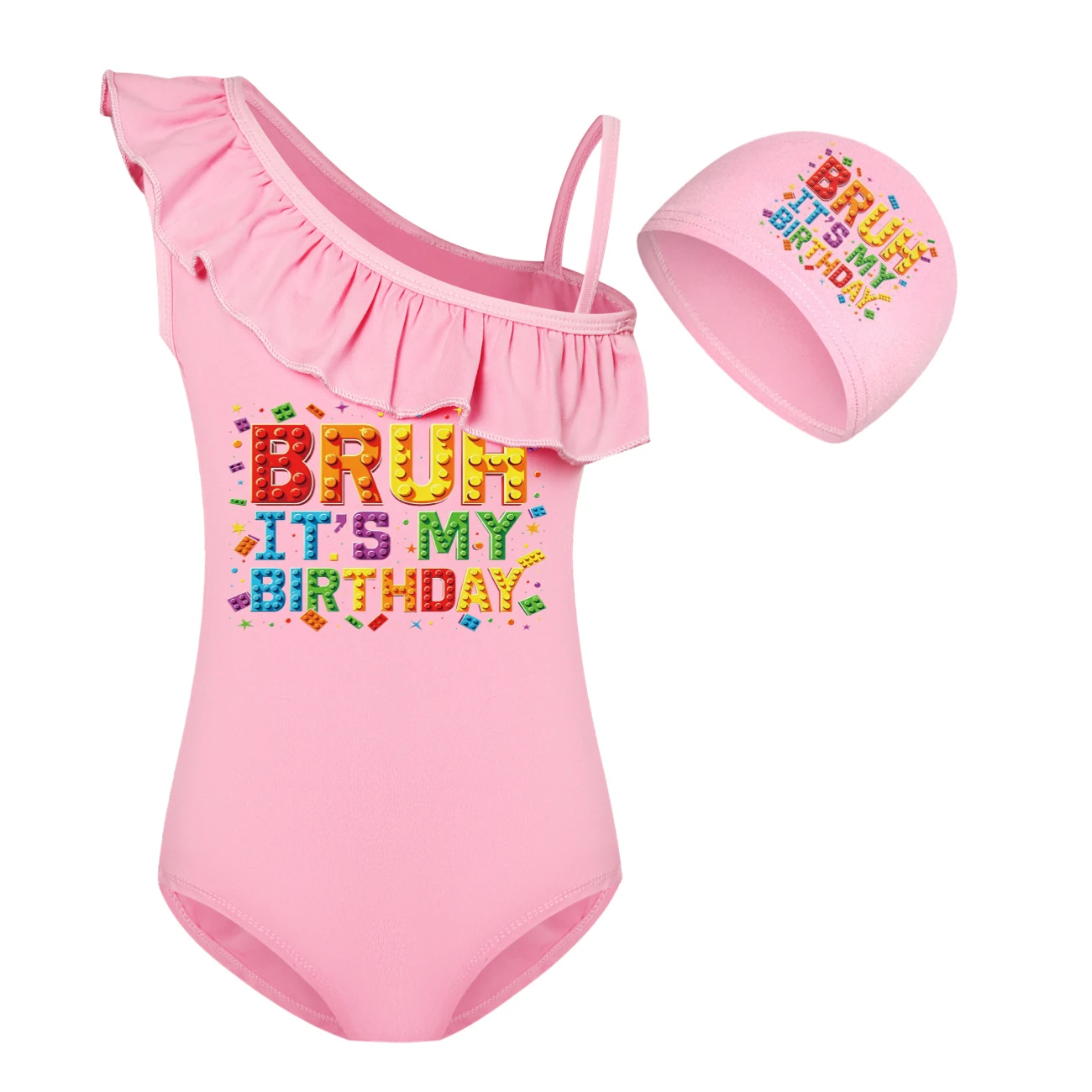 Girls’ One-Piece Swimsuit & Cap Set — 5818 Edition, Style 08 · Set · Pink