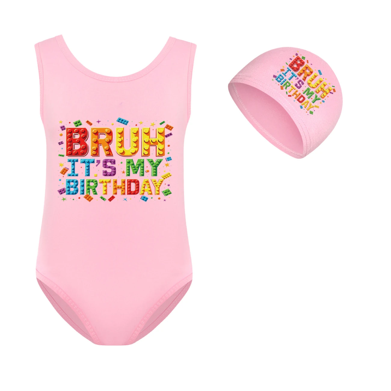 Girls’ One-Piece Swimsuit & Cap Set — 5818 Edition, Style 09 · Set · Pink