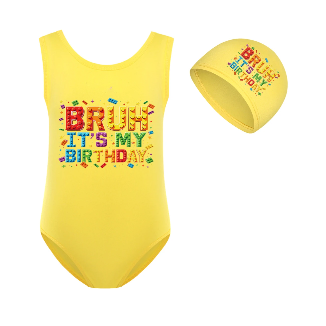 Girls’ One-Piece Swimsuit & Cap Set — 5818 Edition, Style 10 · Set · Yellow