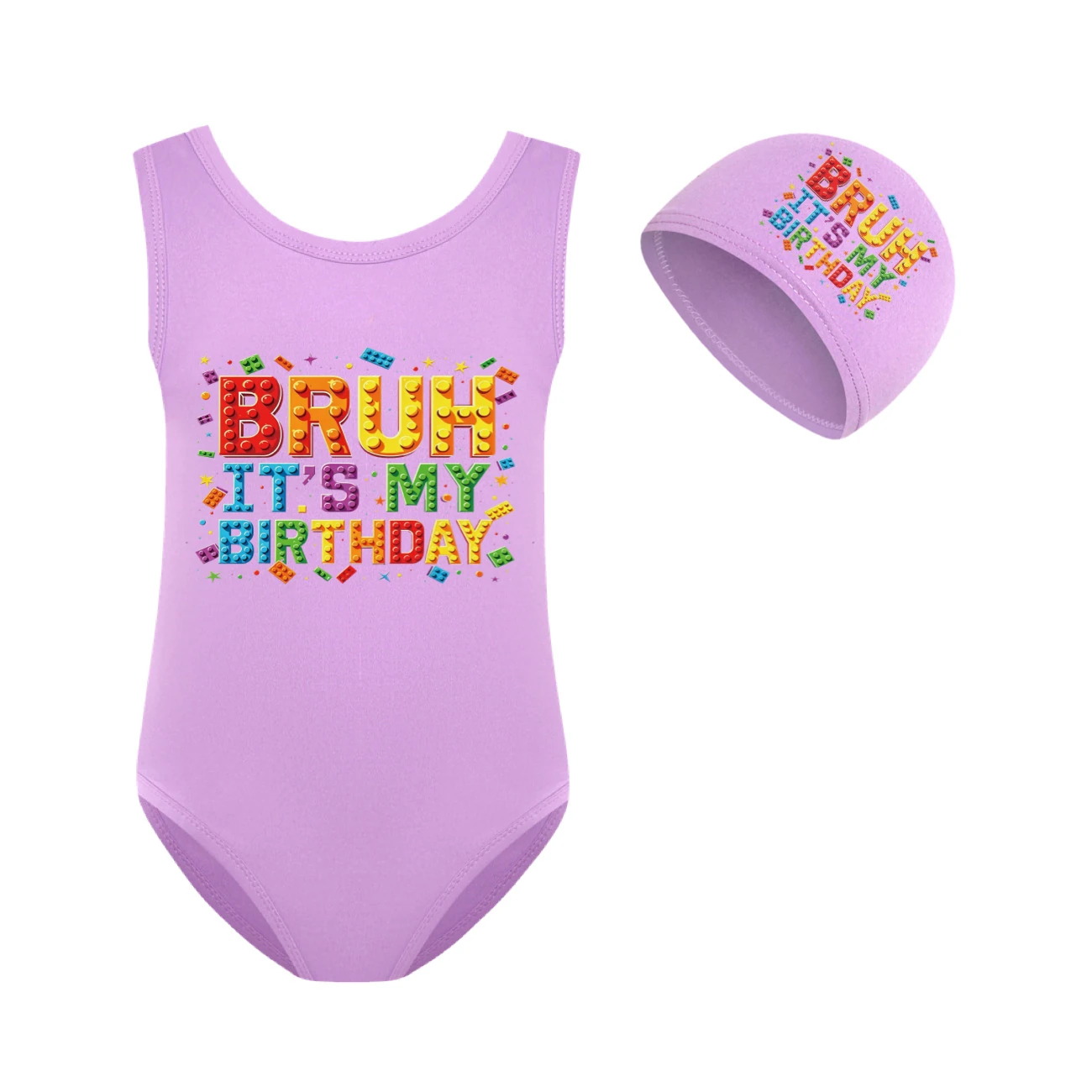 Girls’ One-Piece Swimsuit & Cap Set — 5818 Edition, Style 12 · Set · Purple