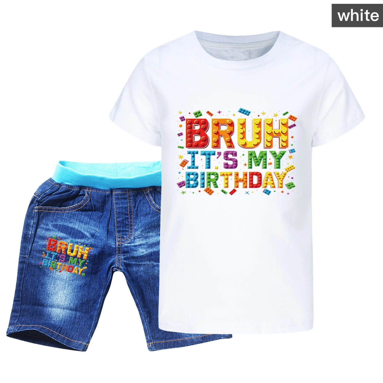Graphic Tee & Denim Shorts Set — 5818 Edition, Style 02 · Denim · White