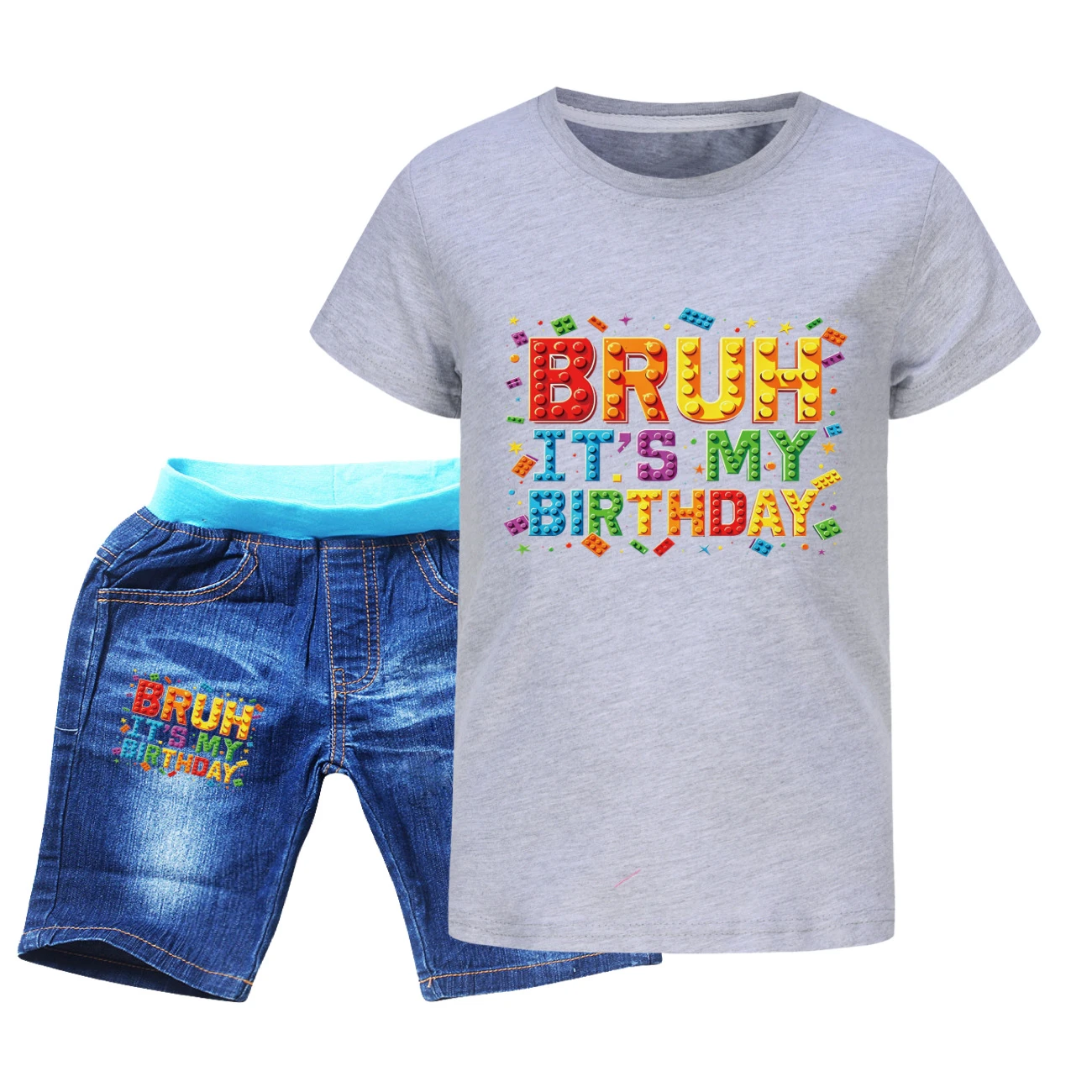 Graphic Tee & Denim Shorts Set — 5818 Edition, Style 03 · Denim · Grey
