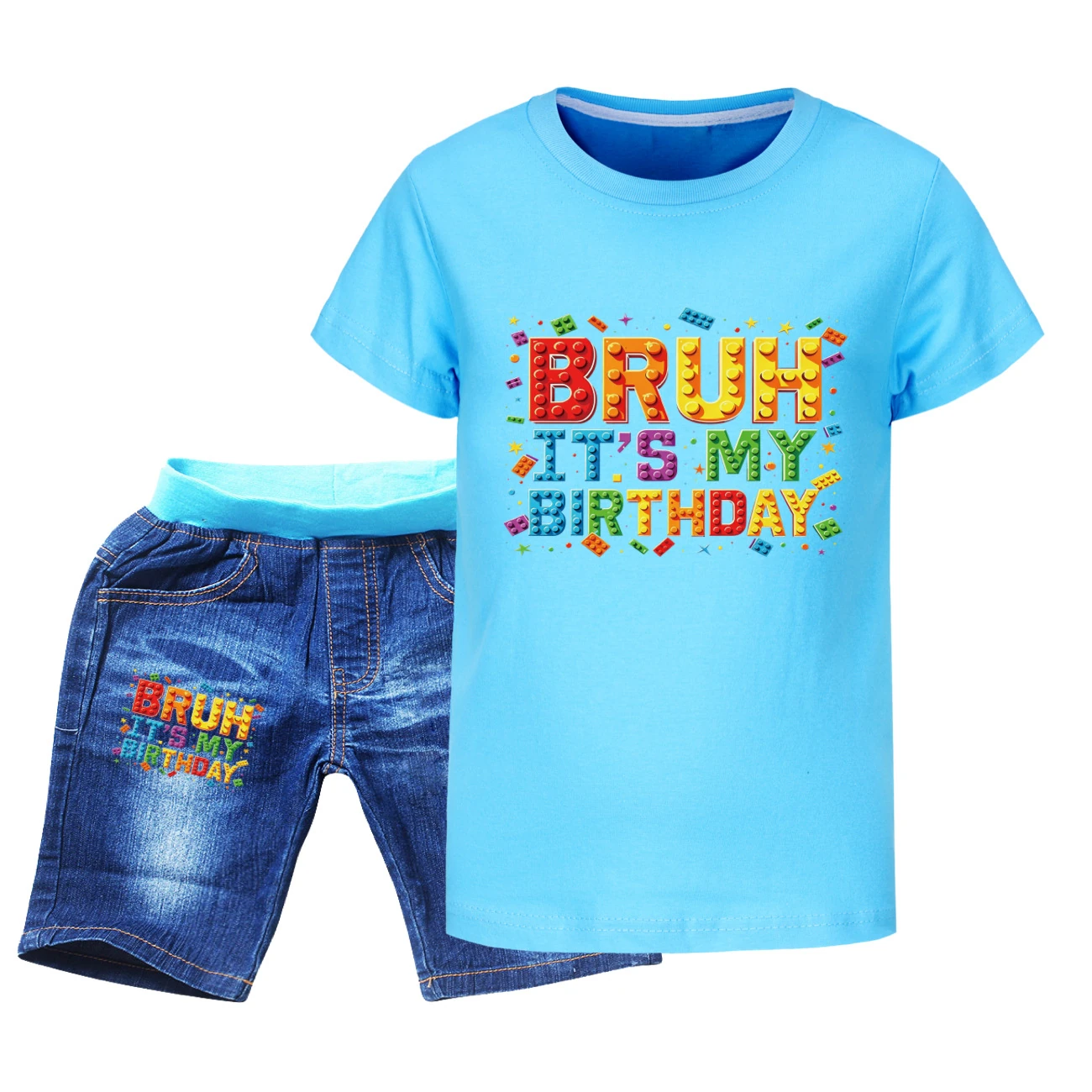 Graphic Tee & Denim Shorts Set — 5818 Edition, Style 04 · Denim · Light Blue