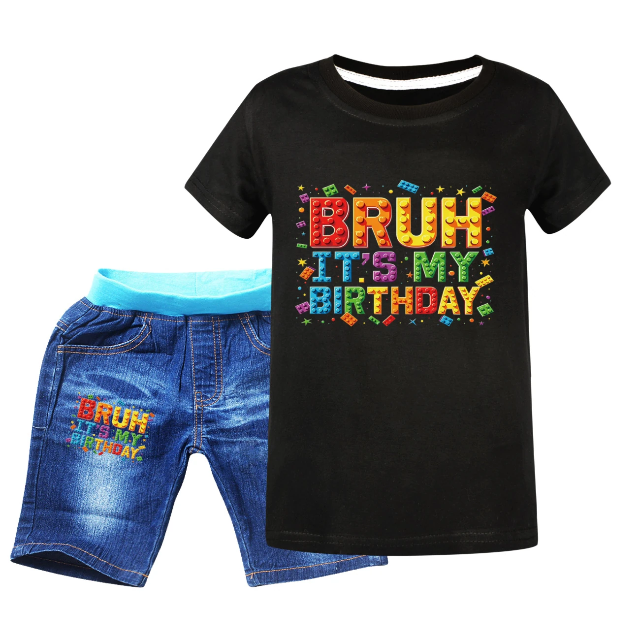 Graphic Tee & Denim Shorts Set — 5818 Edition, Style 06 · Denim · Black