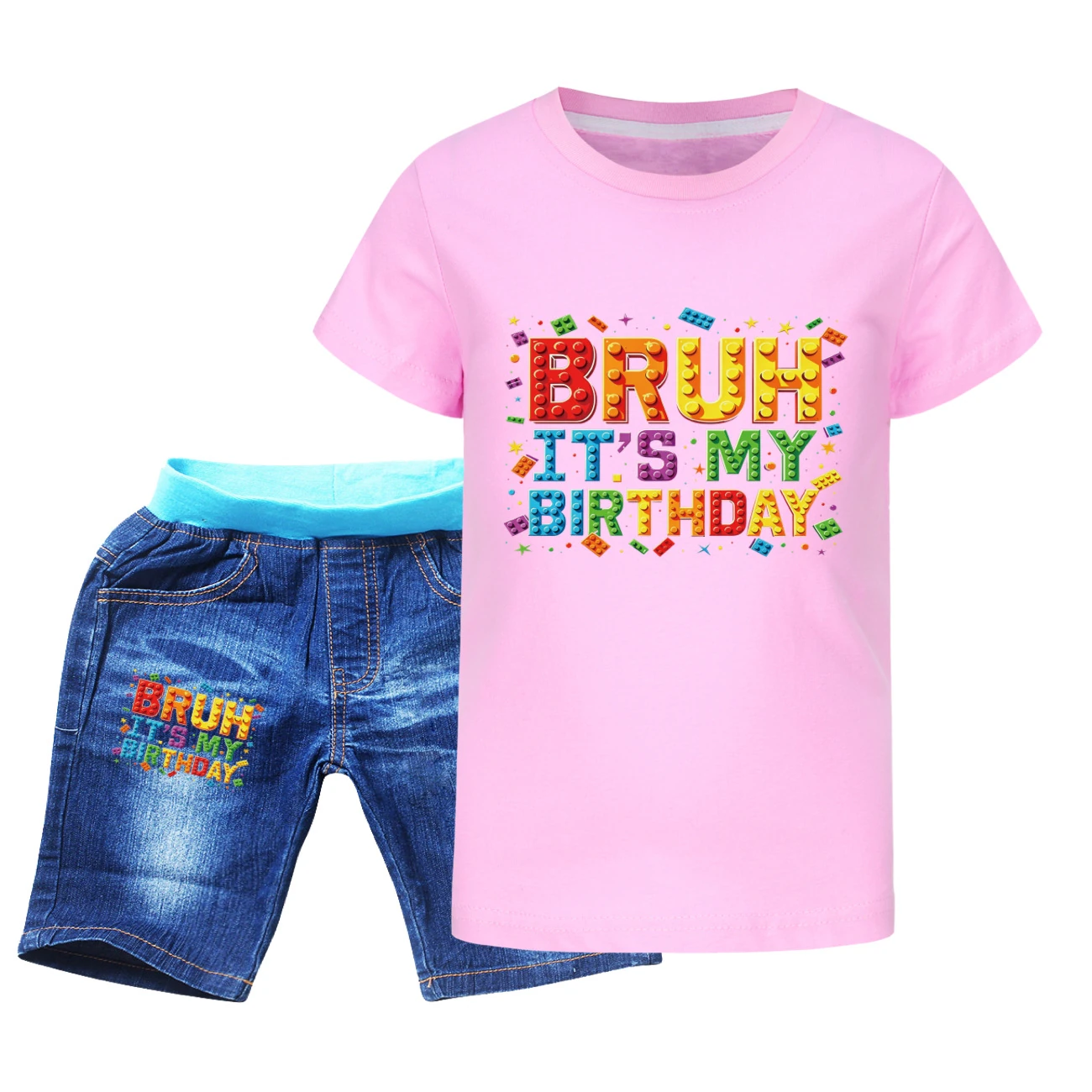 Graphic Tee & Denim Shorts Set — 5818 Edition, Style 07 · Denim · Pink