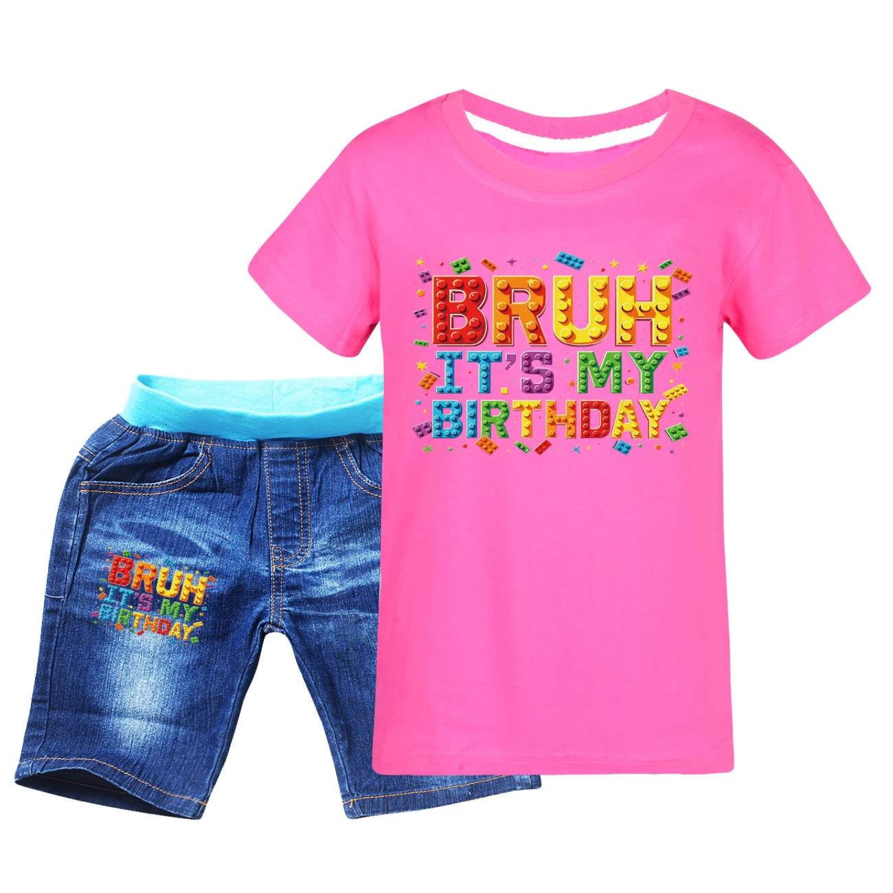 Graphic Tee & Denim Shorts Set — 5818 Edition, Style 08 · Denim · Rose