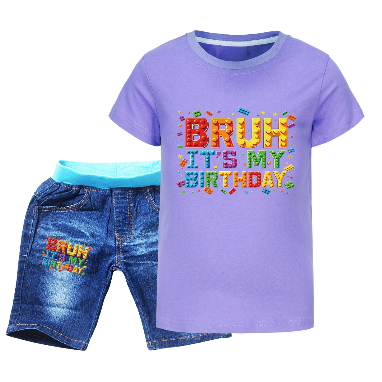 Graphic Tee & Denim Shorts Set — 5818 Edition, Style 09 · Denim · Purple