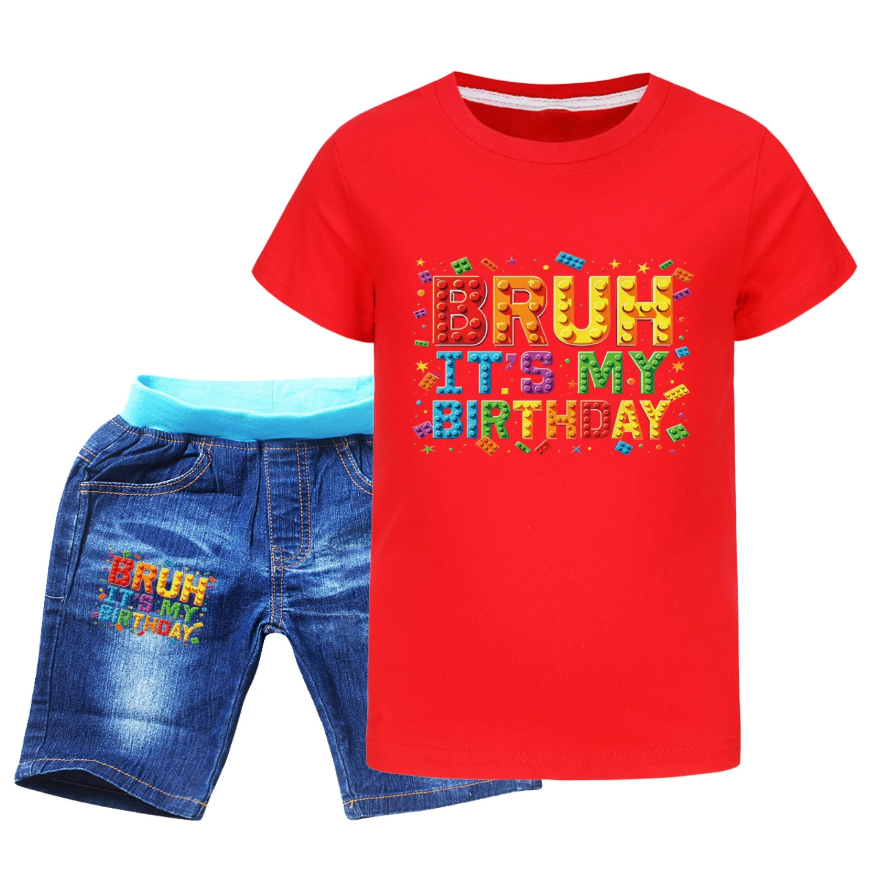 Graphic Tee & Denim Shorts Set — 5818 Edition, Style 10 · Denim · Red