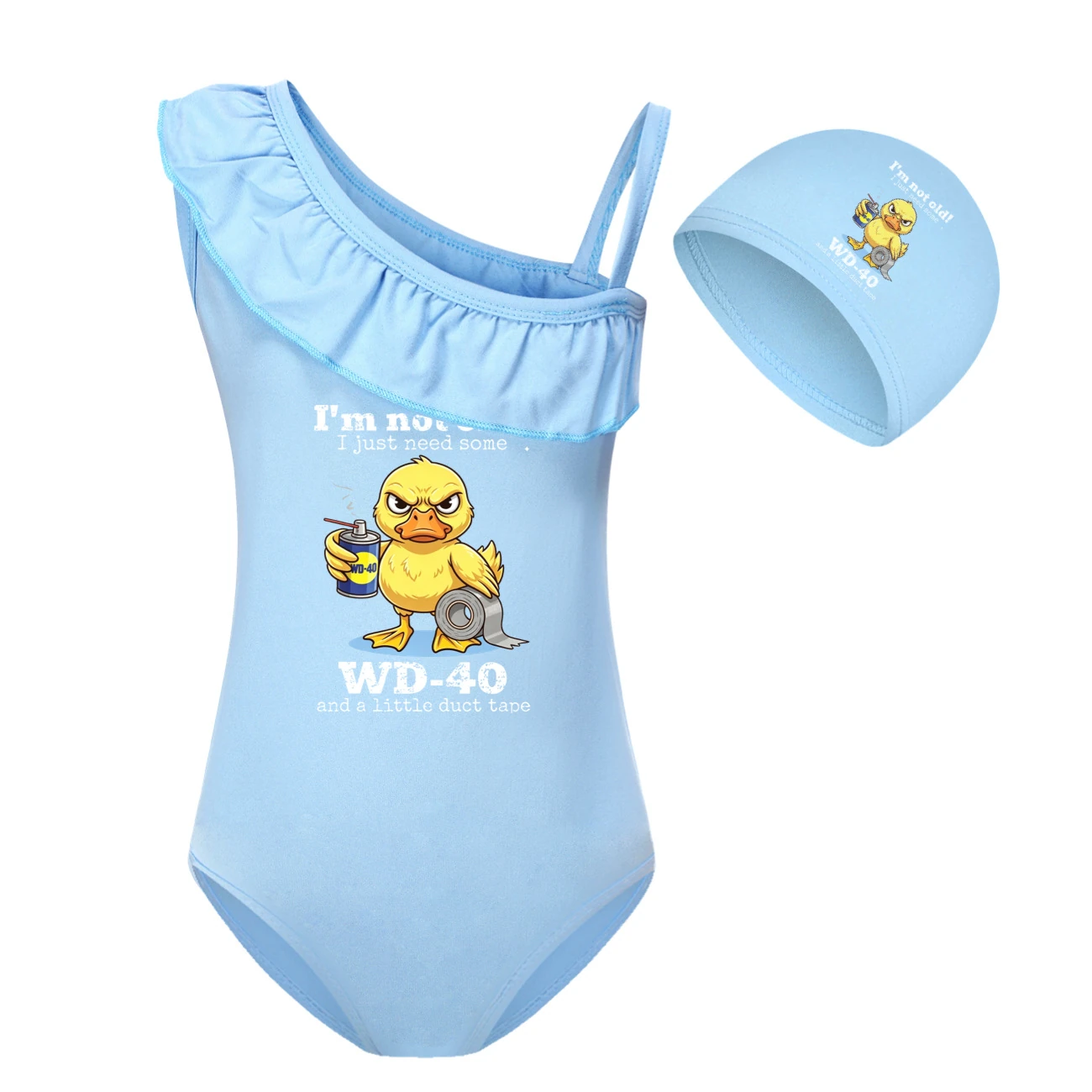 Girls’ One-Piece Swimsuit & Cap Set — 5820 Edition, Style 05 · Set · Light Blue