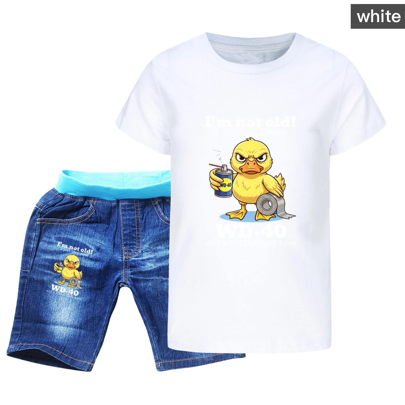 Graphic Tee & Denim Shorts Set — 5820 Edition, Style 02 · Denim · White