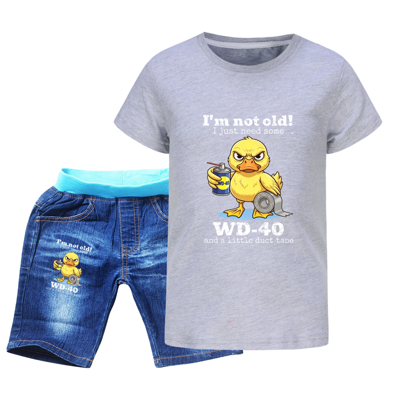 Graphic Tee & Denim Shorts Set — 5820 Edition, Style 03 · Denim · Grey