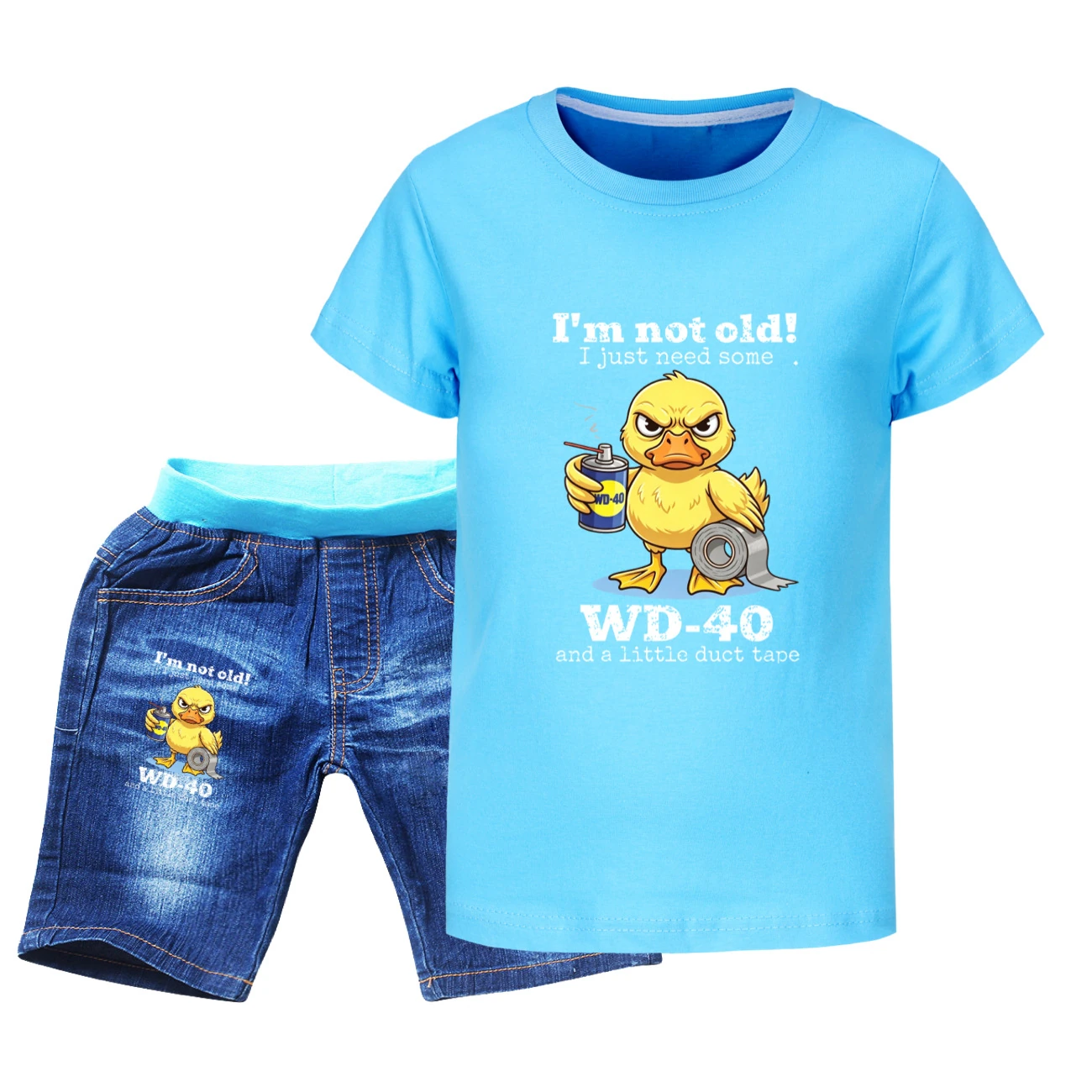 Graphic Tee & Denim Shorts Set — 5820 Edition, Style 04 · Denim · Light Blue