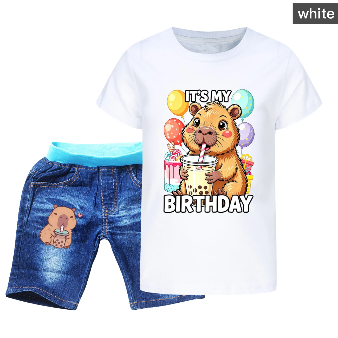 Graphic Tee & Denim Shorts Set — 5821 Edition, Style 02 · Denim · White