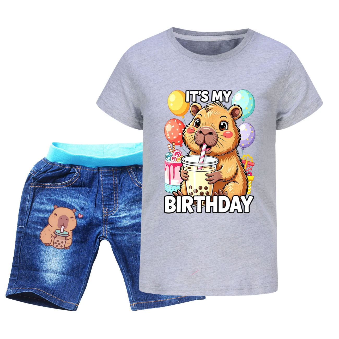 Graphic Tee & Denim Shorts Set — 5821 Edition, Style 03 · Denim · Grey