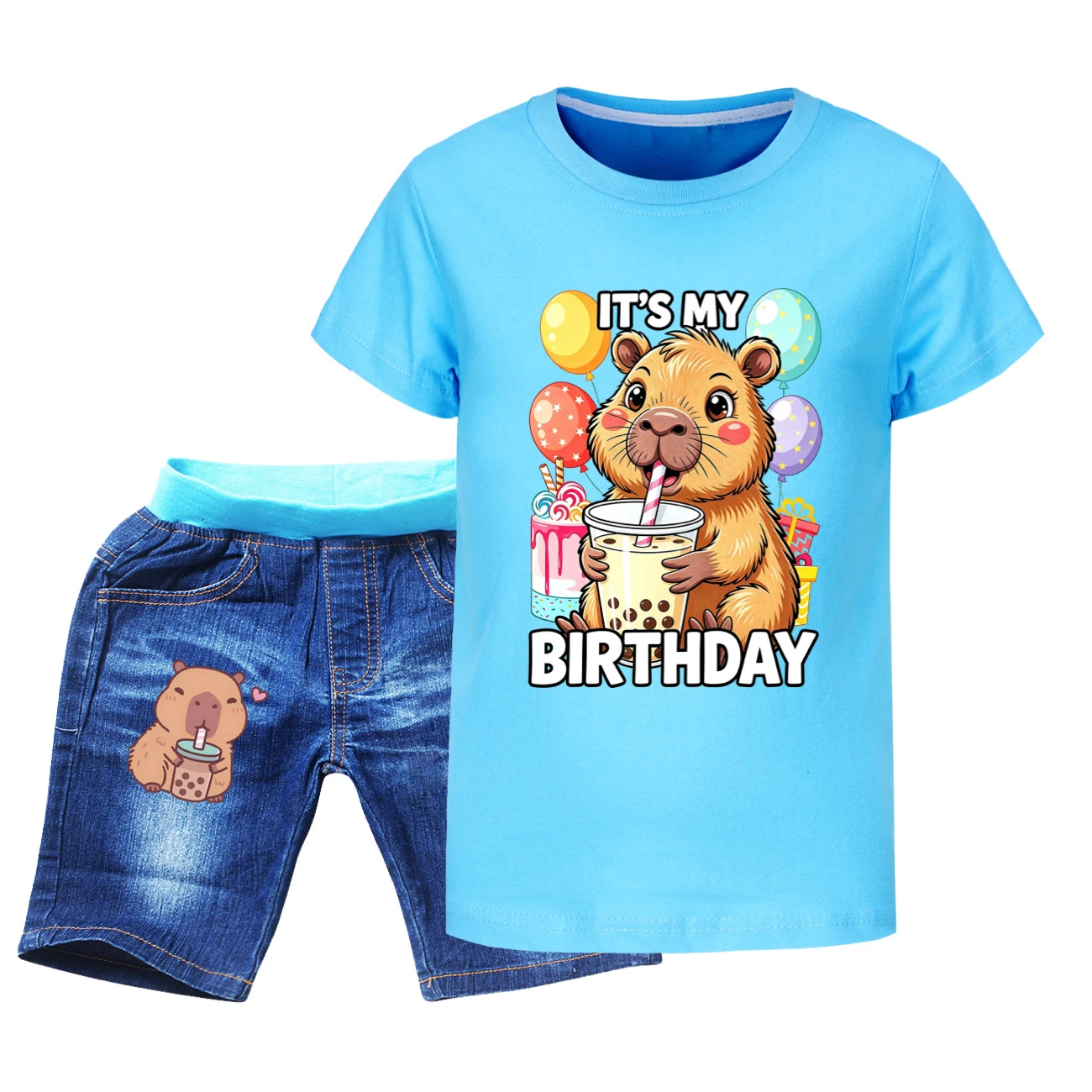 Graphic Tee & Denim Shorts Set — 5821 Edition, Style 04 · Denim · Light Blue