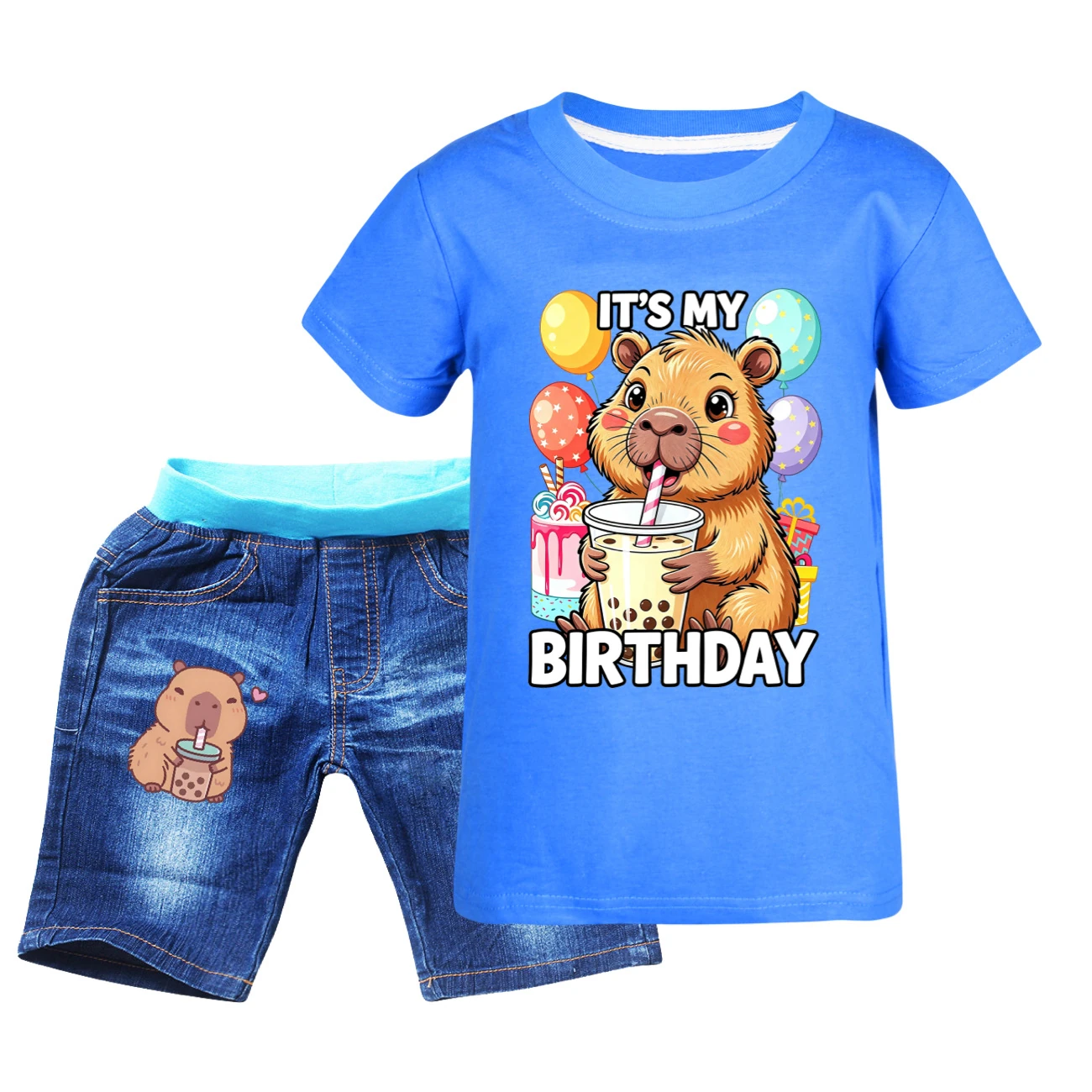 Graphic Tee & Denim Shorts Set — 5821 Edition, Style 05 · Denim · Blue