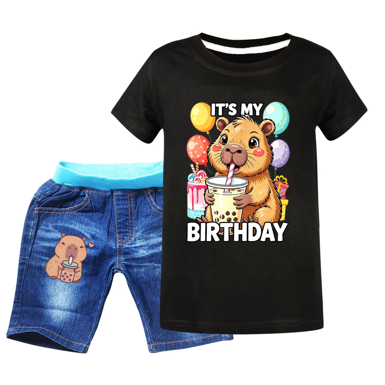 Graphic Tee & Denim Shorts Set — 5821 Edition, Style 06 · Denim · Black
