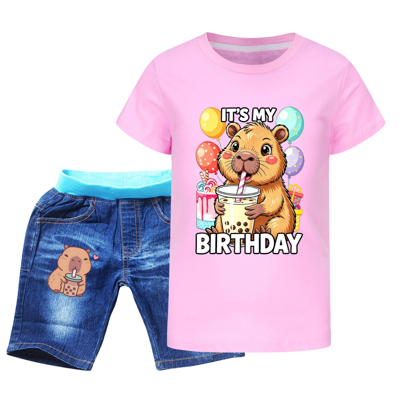 Graphic Tee & Denim Shorts Set — 5821 Edition, Style 07 · Denim · Pink