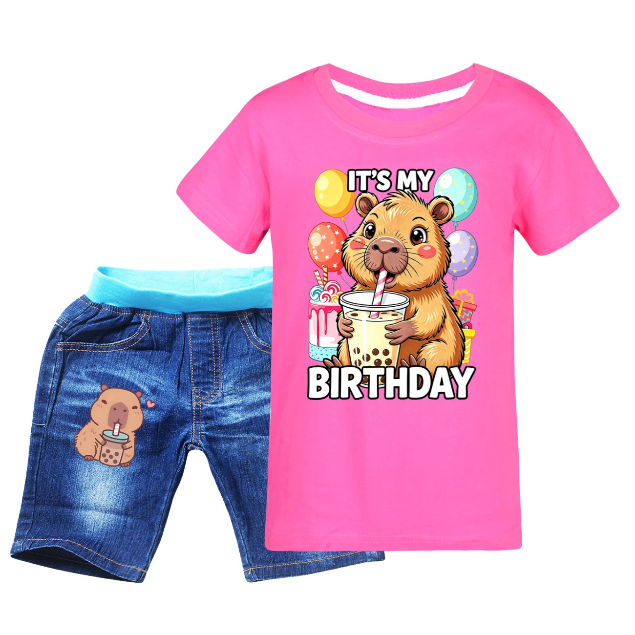 Graphic Tee & Denim Shorts Set — 5821 Edition, Style 08 · Denim · Rose