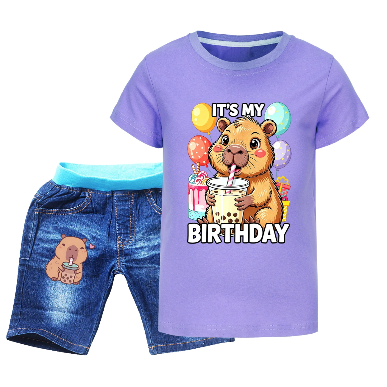 Graphic Tee & Denim Shorts Set — 5821 Edition, Style 09 · Denim · Purple