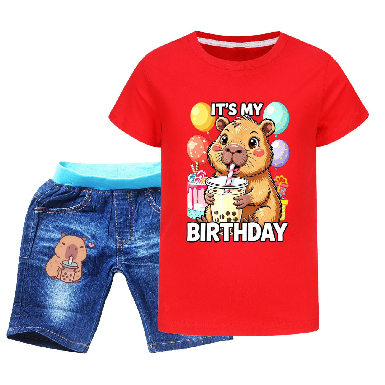 Graphic Tee & Denim Shorts Set — 5821 Edition, Style 10 · Denim · Red