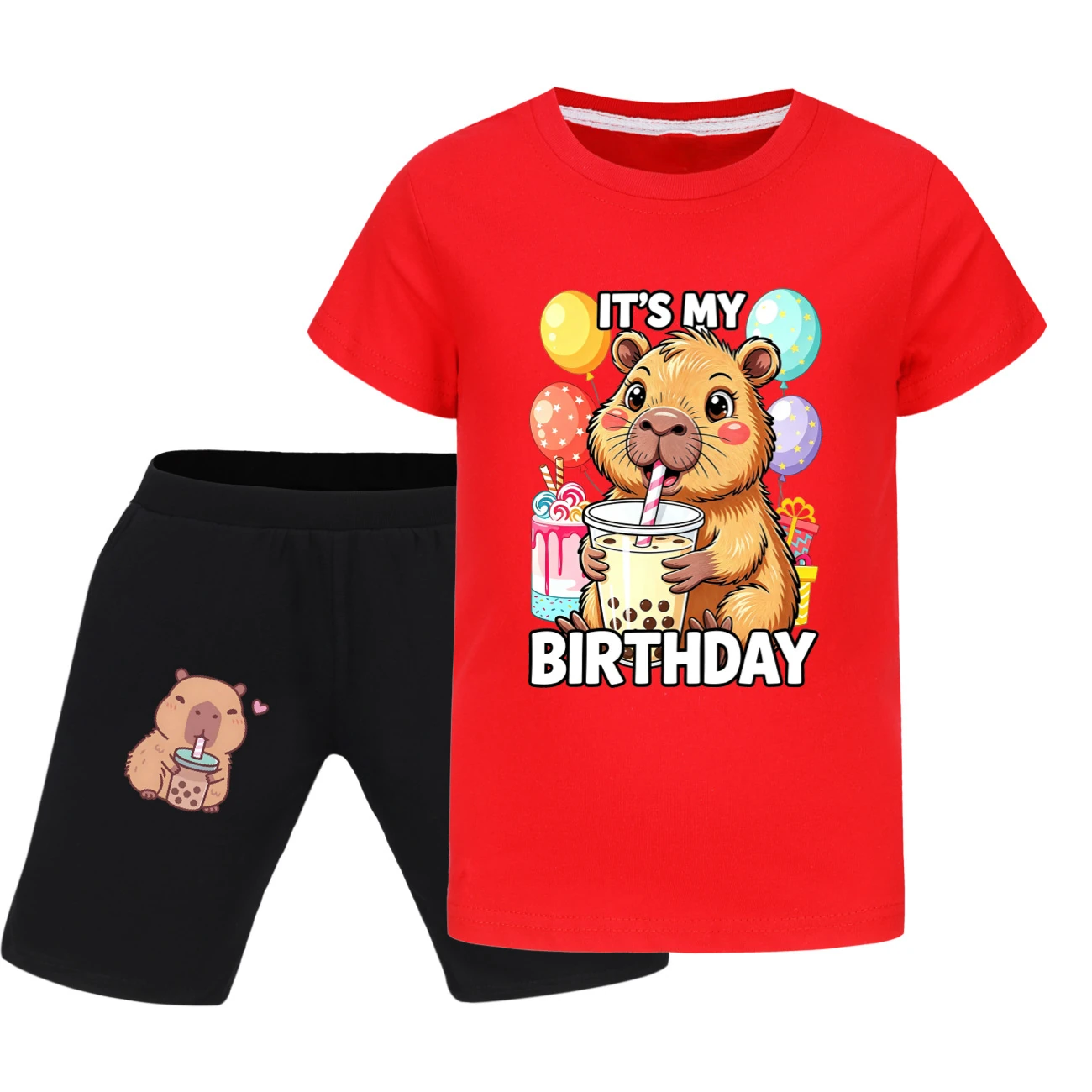Graphic Tee & Denim Shorts Set — 5821 Edition, Style 12 · Red