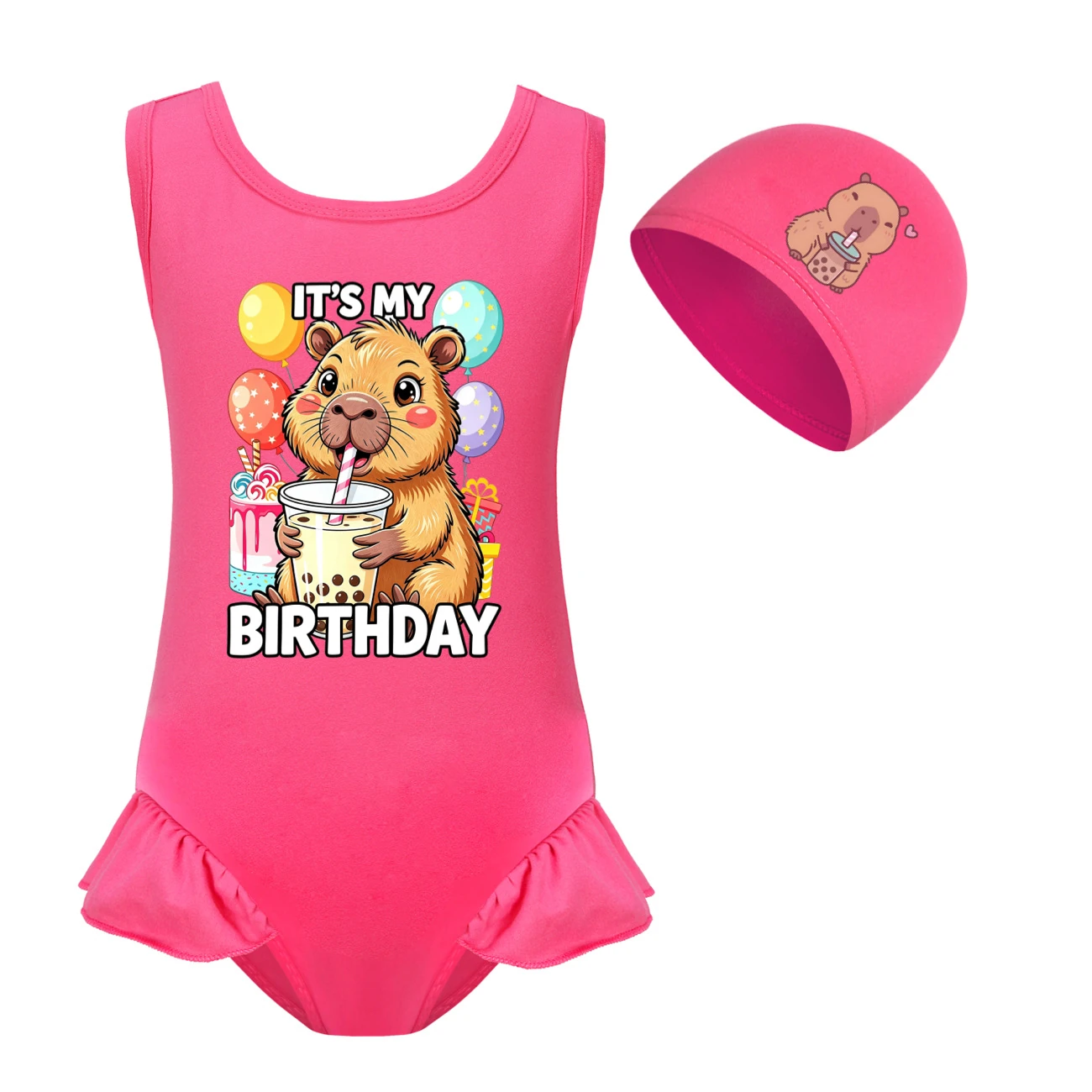 Girls’ One-Piece Swimsuit & Cap Set — 5821 Edition, Style 02 · Set · Rose