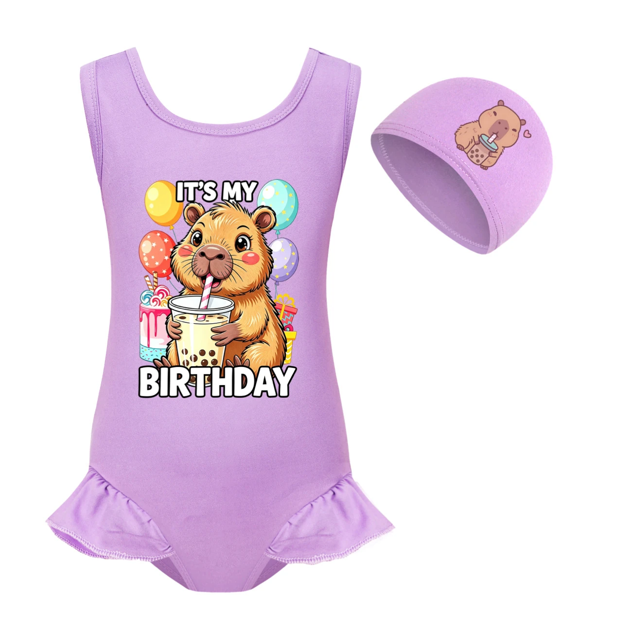 Girls’ One-Piece Swimsuit & Cap Set — 5821 Edition, Style 03 · Set · Purple