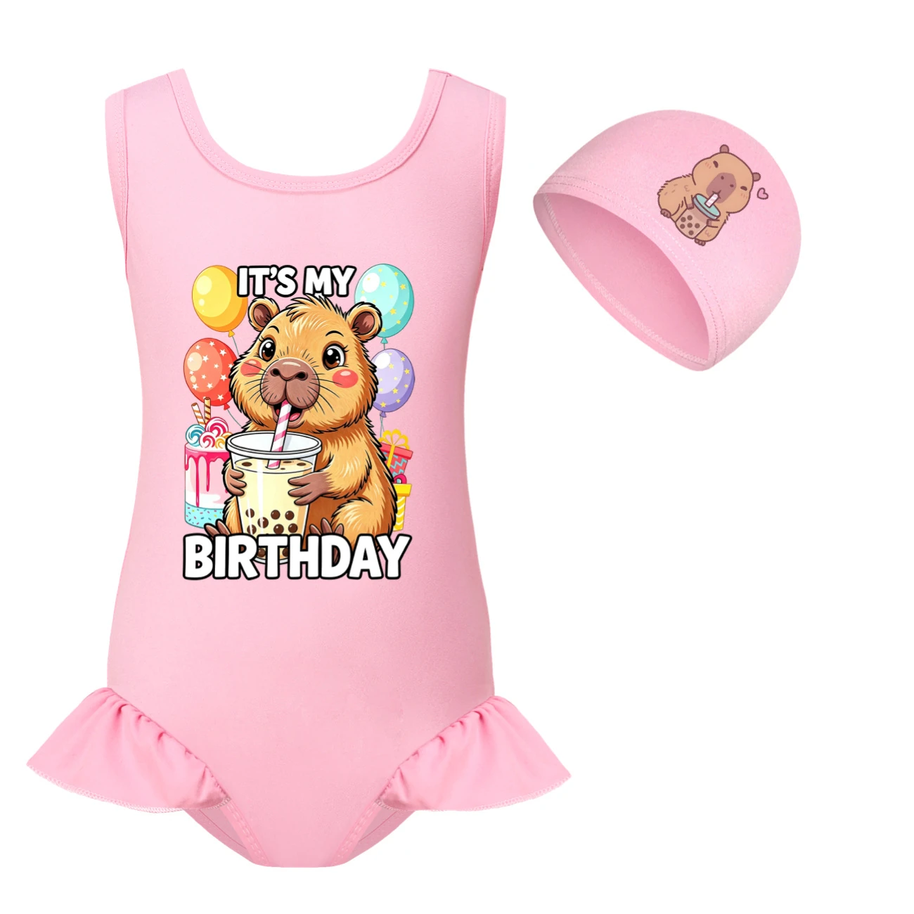 Girls’ One-Piece Swimsuit & Cap Set — 5821 Edition, Style 04 · Set · Pink
