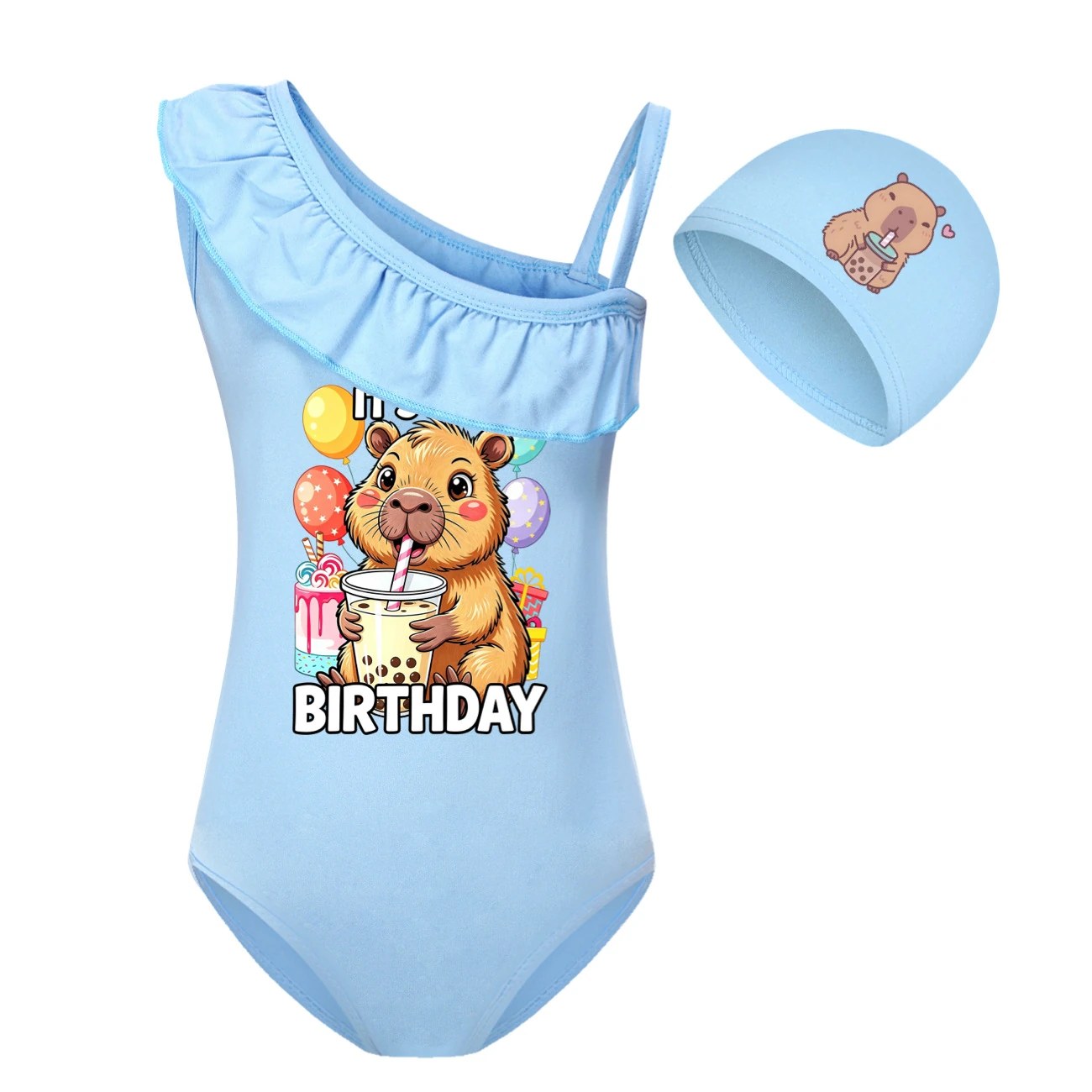 Girls’ One-Piece Swimsuit & Cap Set — 5821 Edition, Style 05 · Set · Light Blue