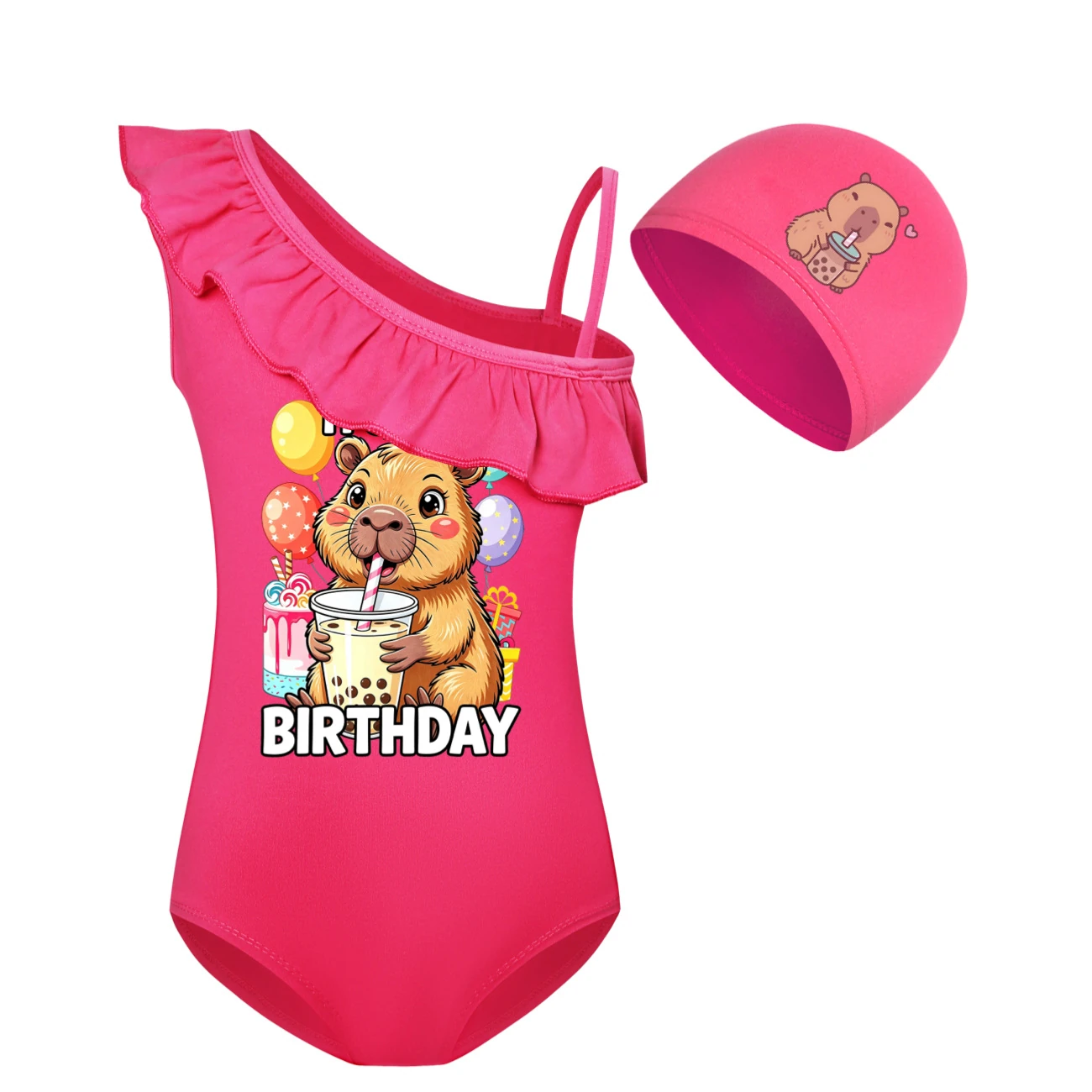 Girls’ One-Piece Swimsuit & Cap Set — 5821 Edition, Style 06 · Set · Rose