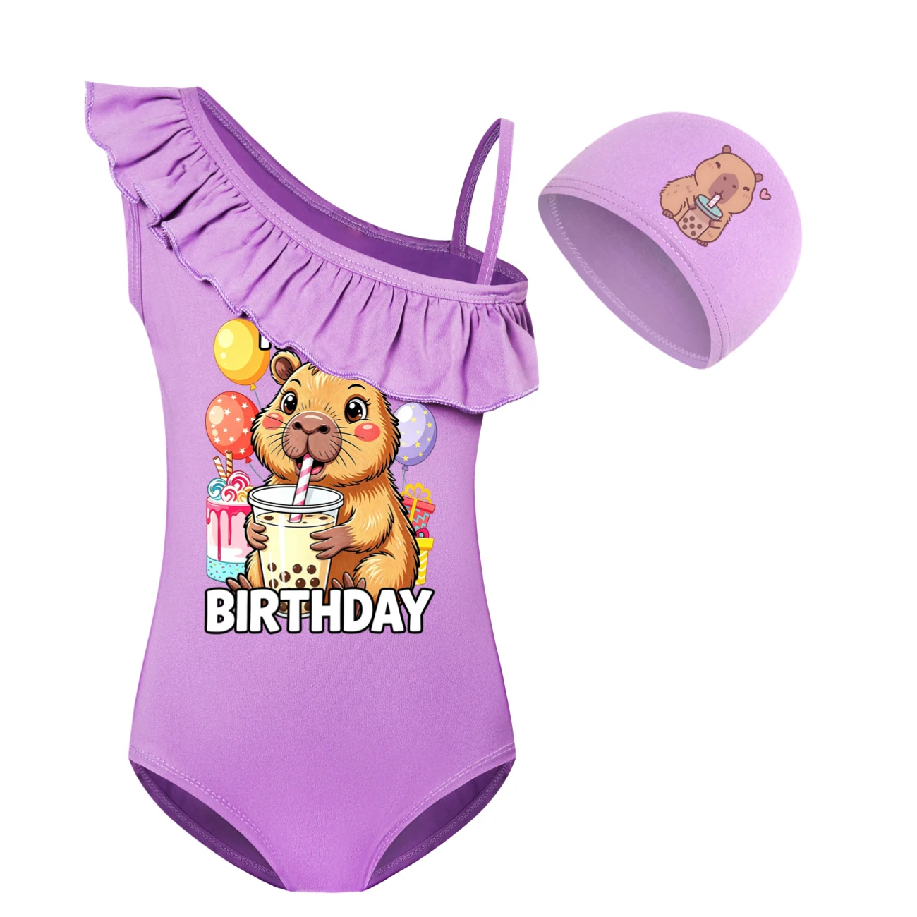 Girls’ One-Piece Swimsuit & Cap Set — 5821 Edition, Style 07 · Set · Purple