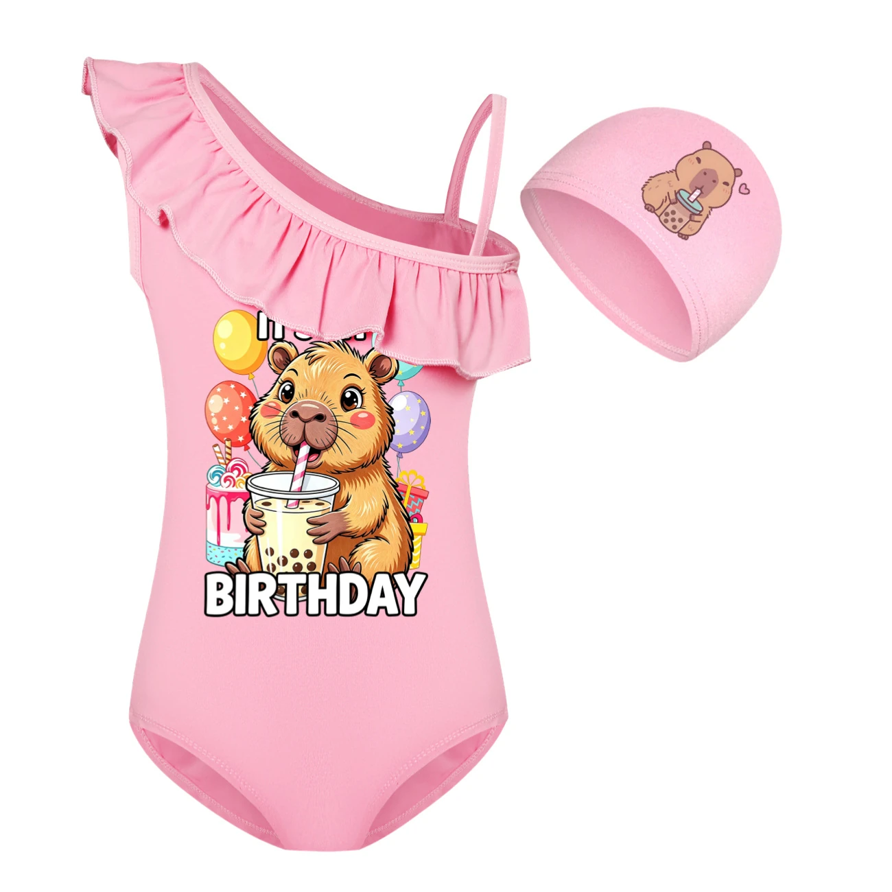 Girls’ One-Piece Swimsuit & Cap Set — 5821 Edition, Style 08 · Set · Pink