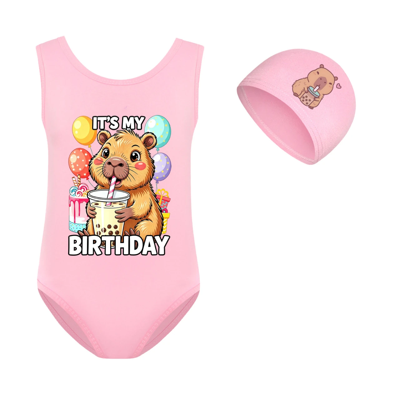 Girls’ One-Piece Swimsuit & Cap Set — 5821 Edition, Style 09 · Set · Pink